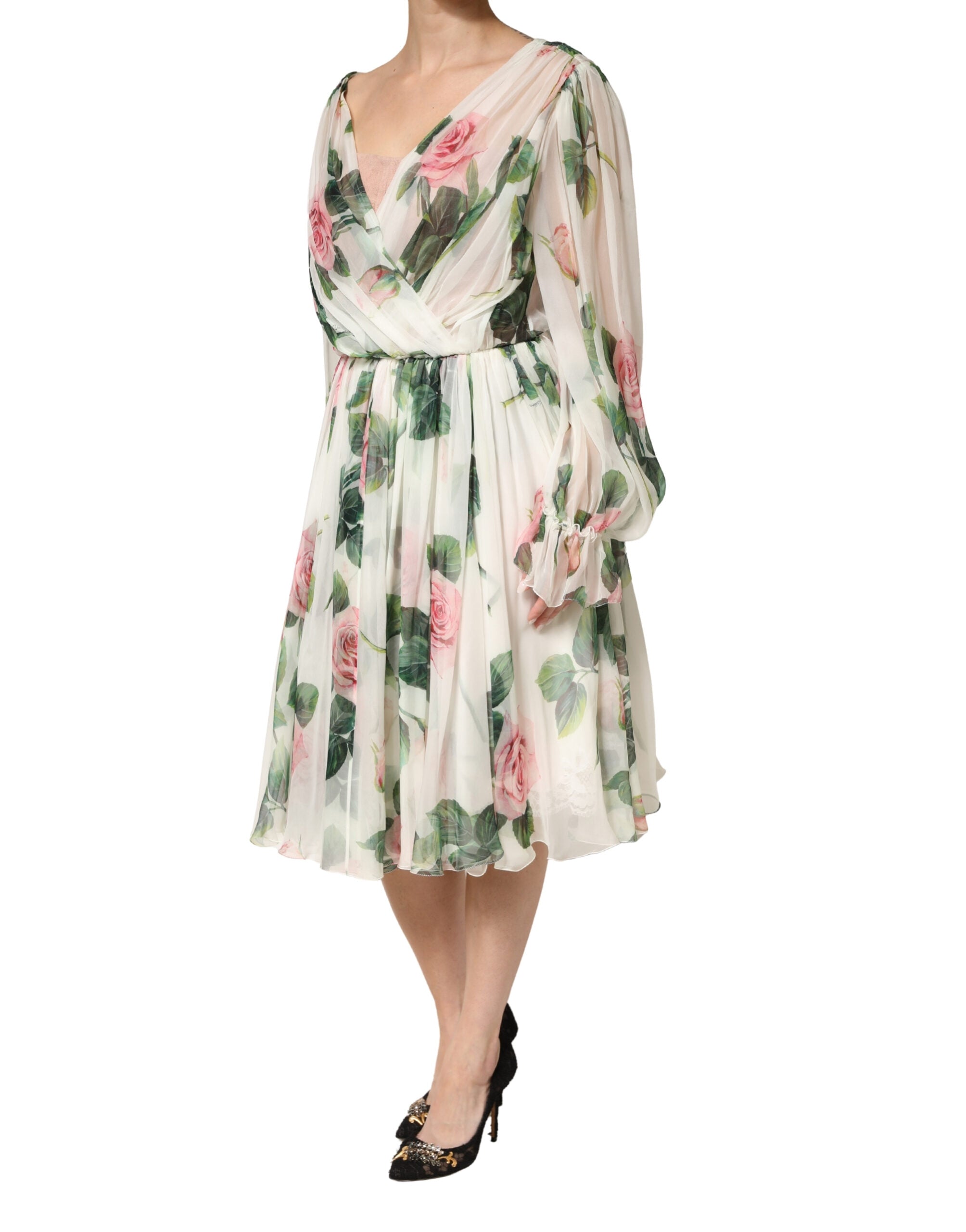 Dolce & Gabbana Floral Rose Ivory Silk Blend Longsleeve Dress