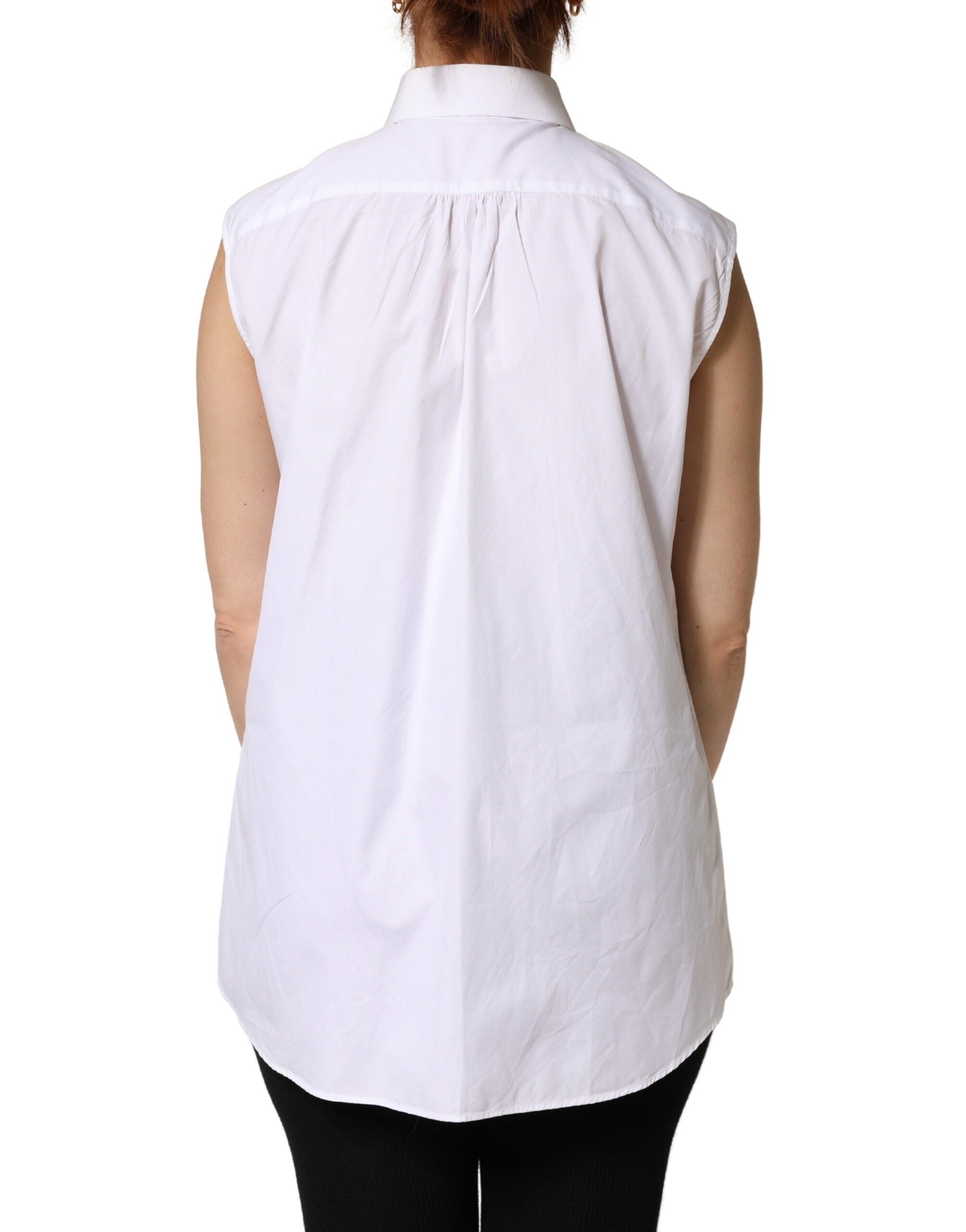 Dolce & Gabbana White Cotton Pleated Sleeveless Button Down Top