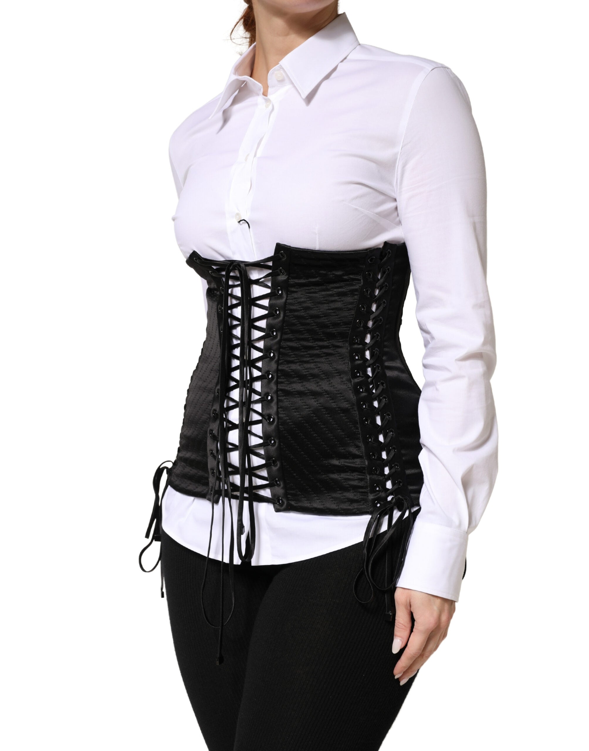 Dolce & Gabbana Black Silk Lace-Up Waist Cincher Corset Top