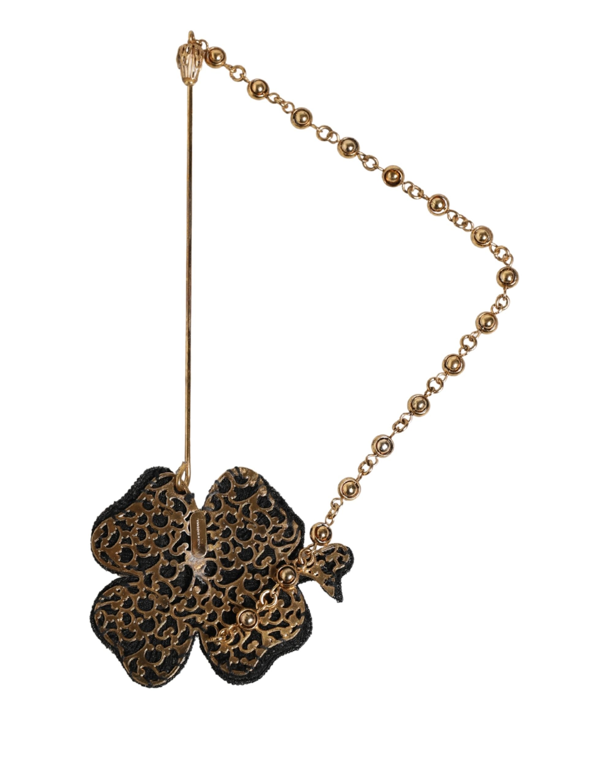 Dolce & Gabbana Black Gold Brass Crystal Chain Women Lapel Pin Brooch