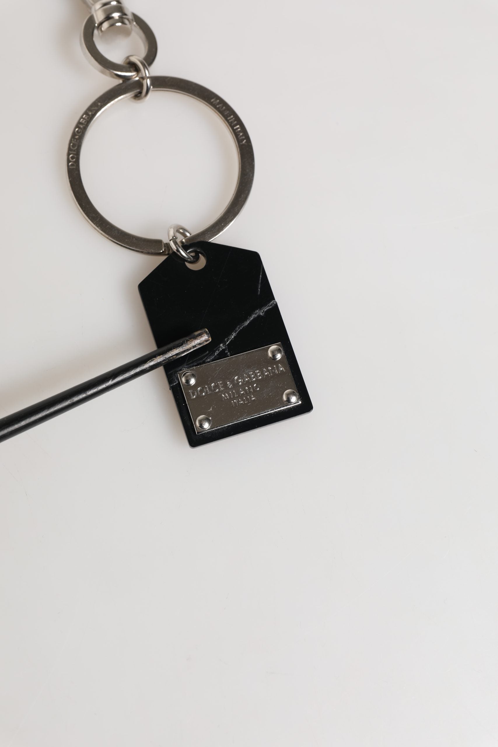 Dolce & Gabbana Black Silver Brass LogoPlaque Metal Ring Keyring  Keychain