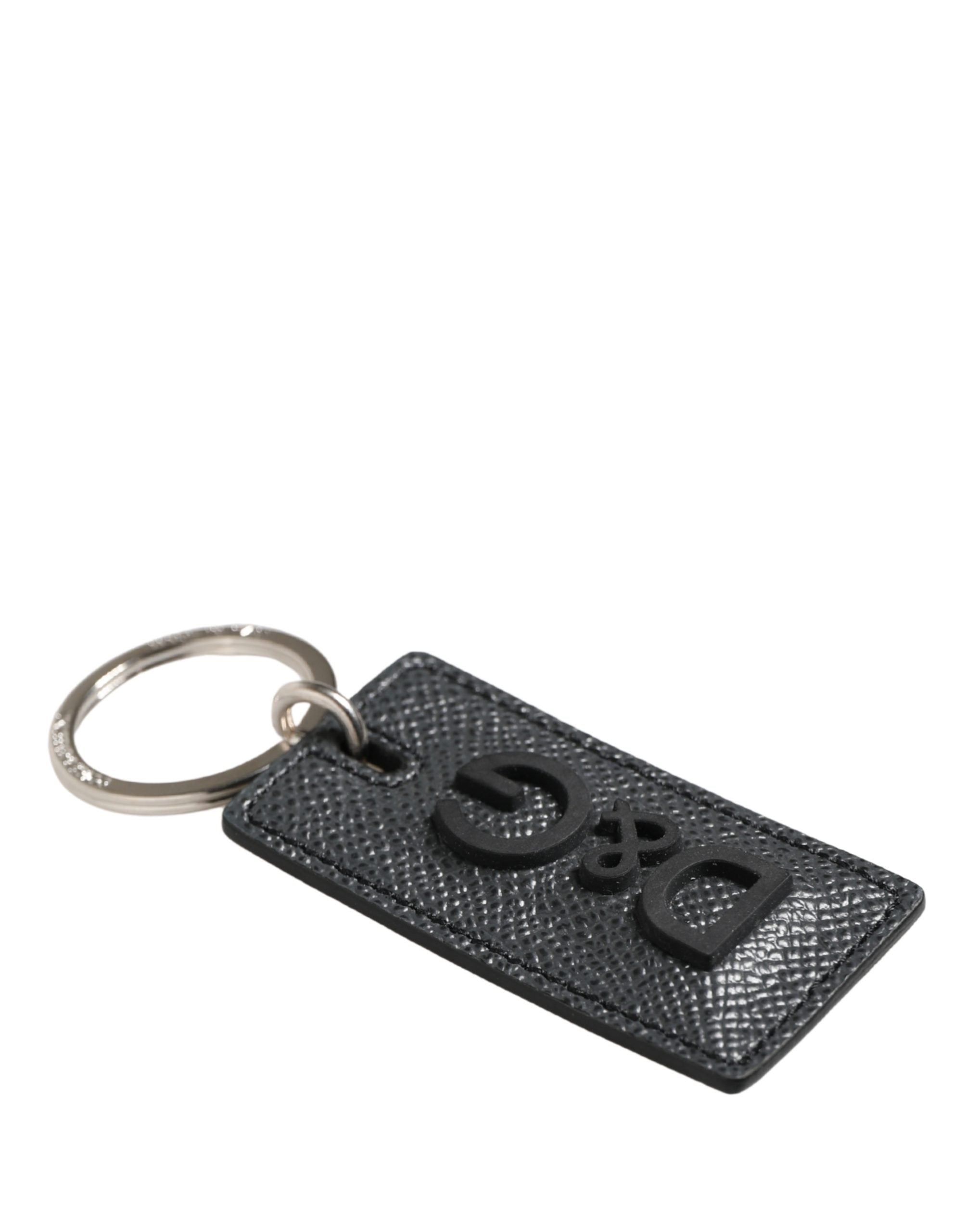 Dolce & Gabbana Black Calf Leather D&G Logo Metal Ring Keyring Keychain