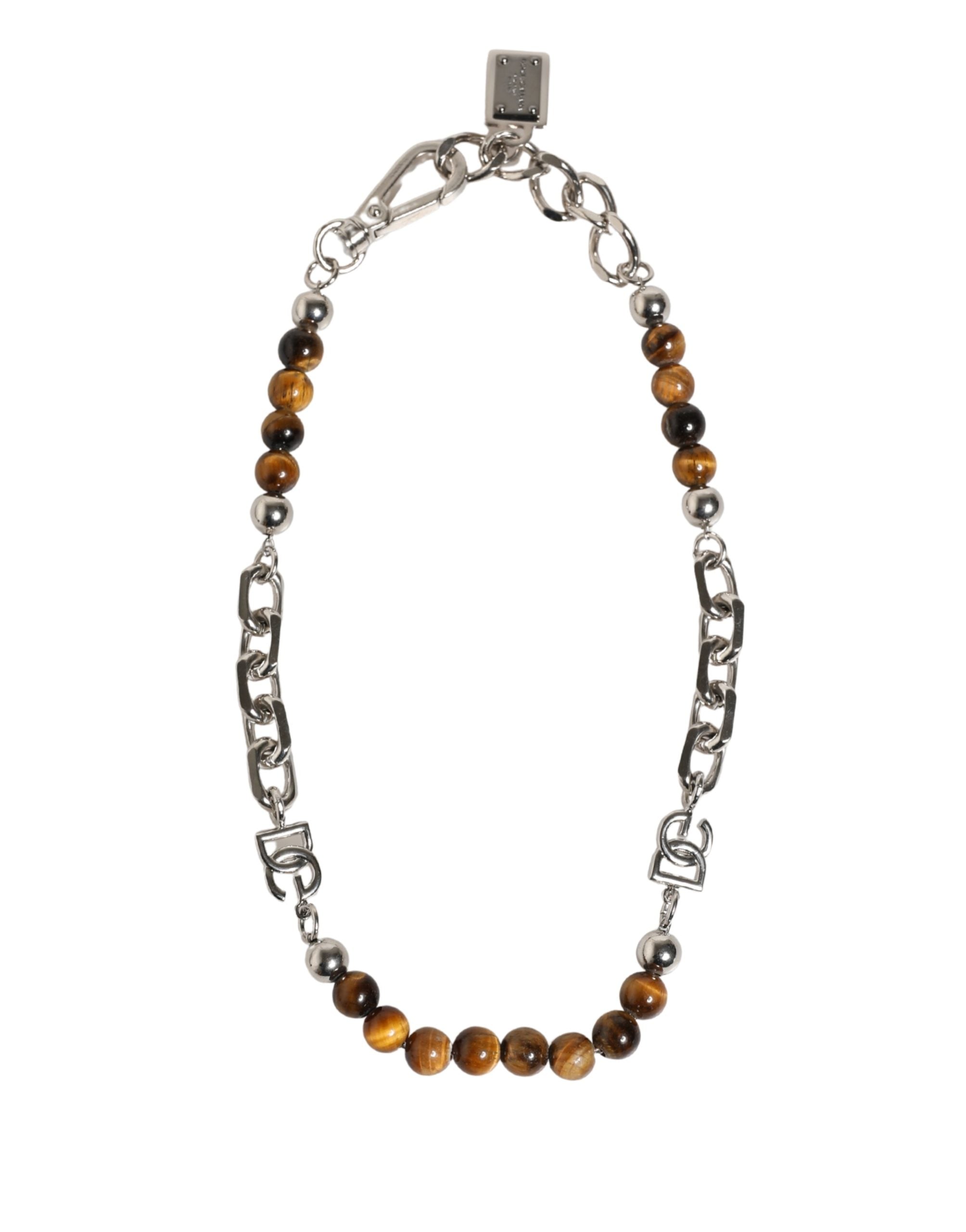 Dolce & Gabbana Silver Tone Brass Chain Beaded Gem DG Logo Bracelet