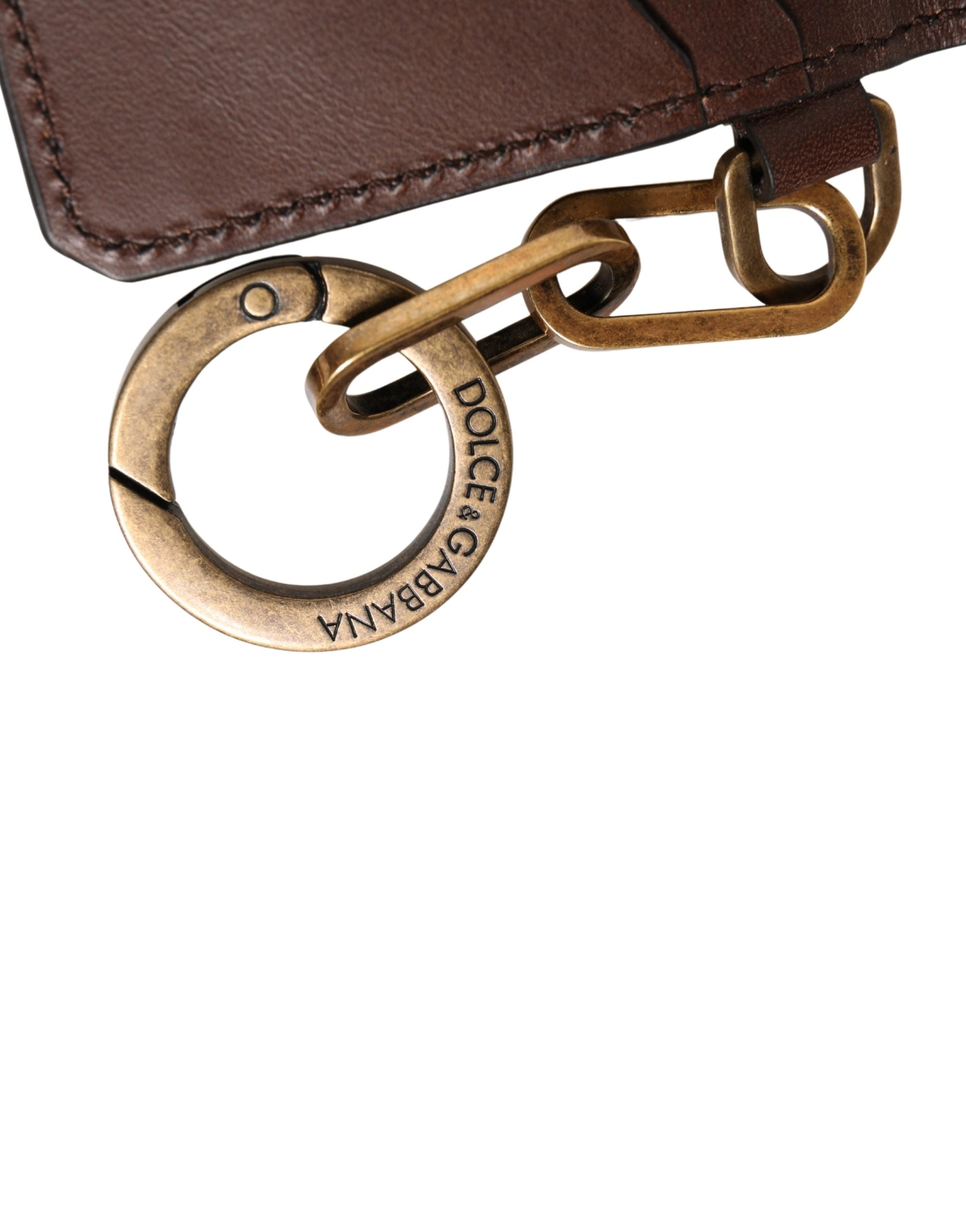 Dolce & Gabbana Brown Leather Logo Embossed Key Chain Card Holder Wallet