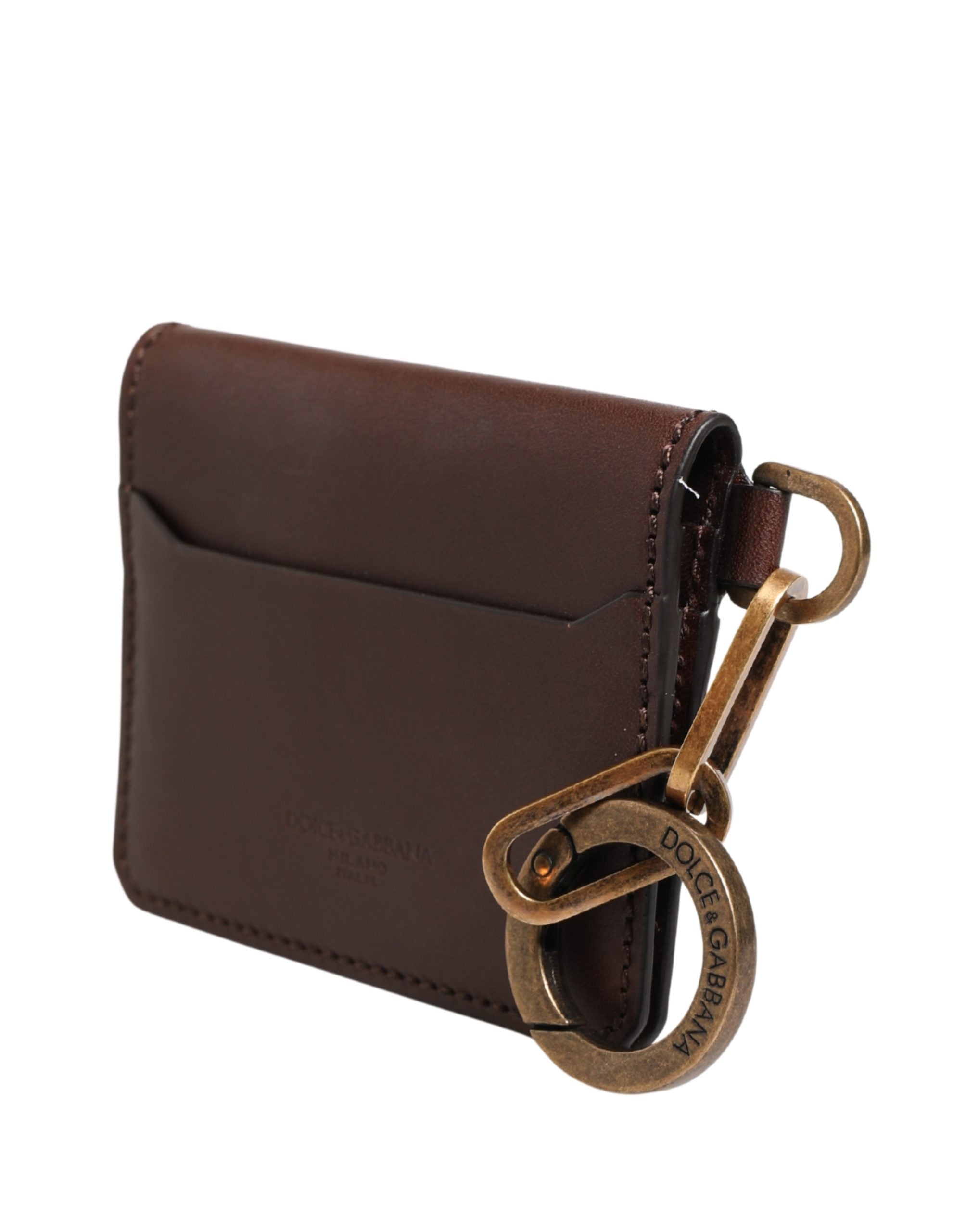 Dolce & Gabbana Brown Leather Logo Embossed Key Chain Card Holder Wallet
