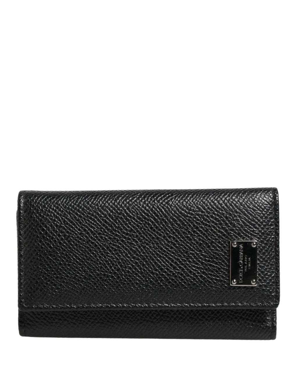 Dolce & Gabbana Black Leather Silver Metal Logo Plaque Trifold Keyring