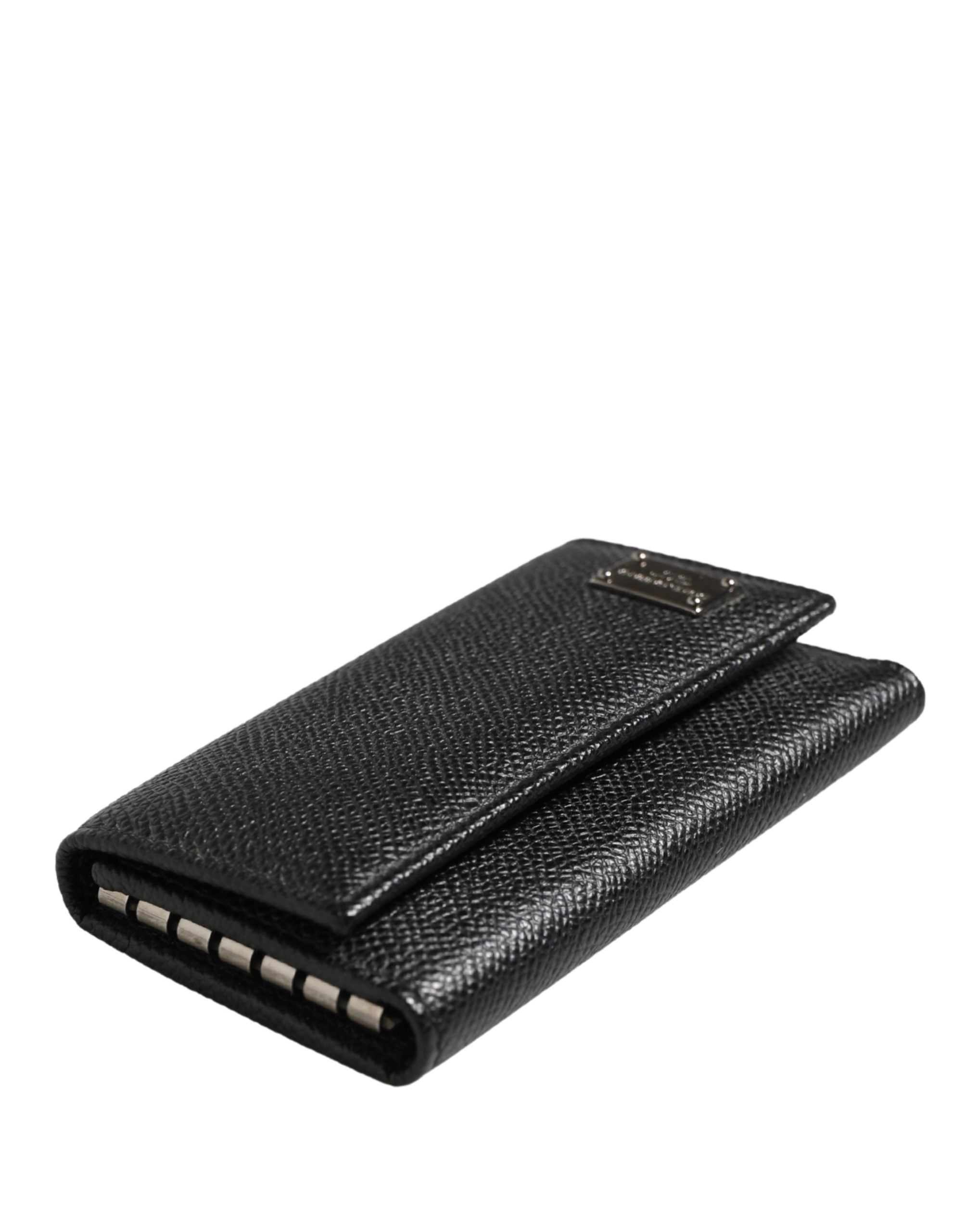 Dolce & Gabbana Black Leather Silver Metal Logo Plaque Trifold Keyring