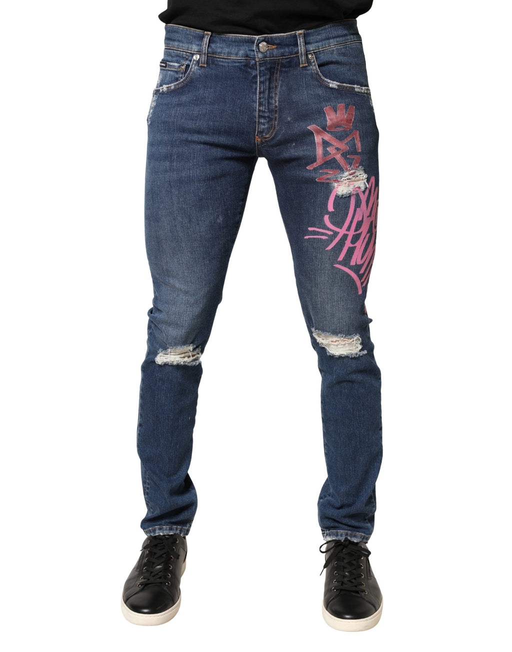 Dolce & Gabbana Blue Distressed Graffiti Print Skinny Jeans