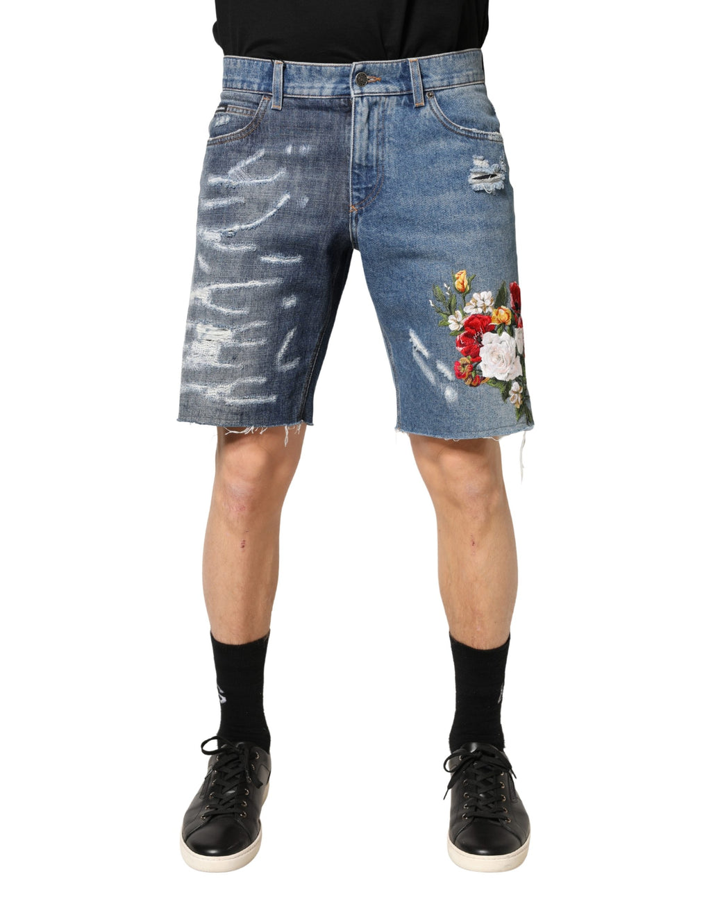Dolce & Gabbana Blue Floral Embroidery Tattered Denim Shorts