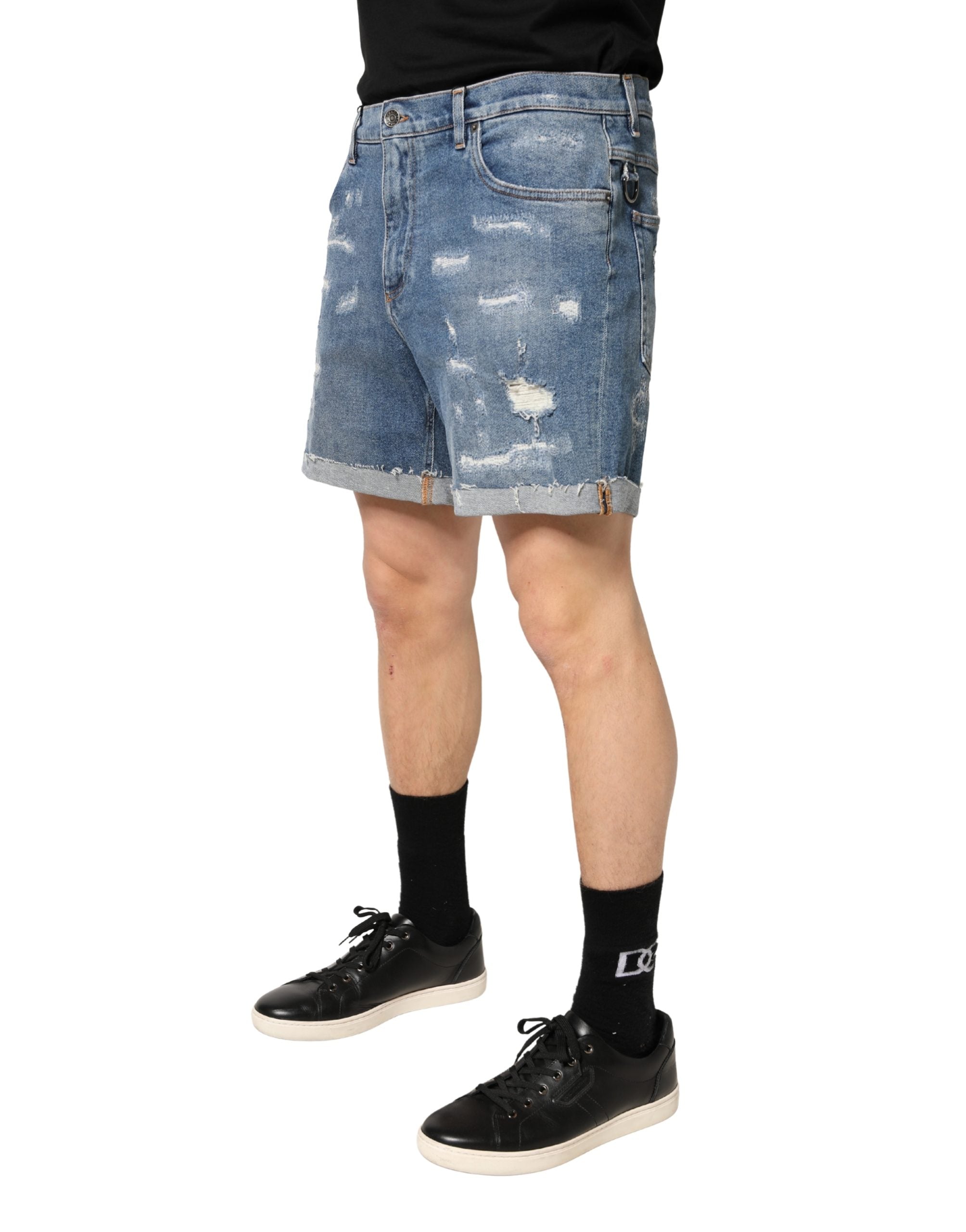 Dolce & Gabbana Blue Cotton Distressed Denim Bermuda Shorts