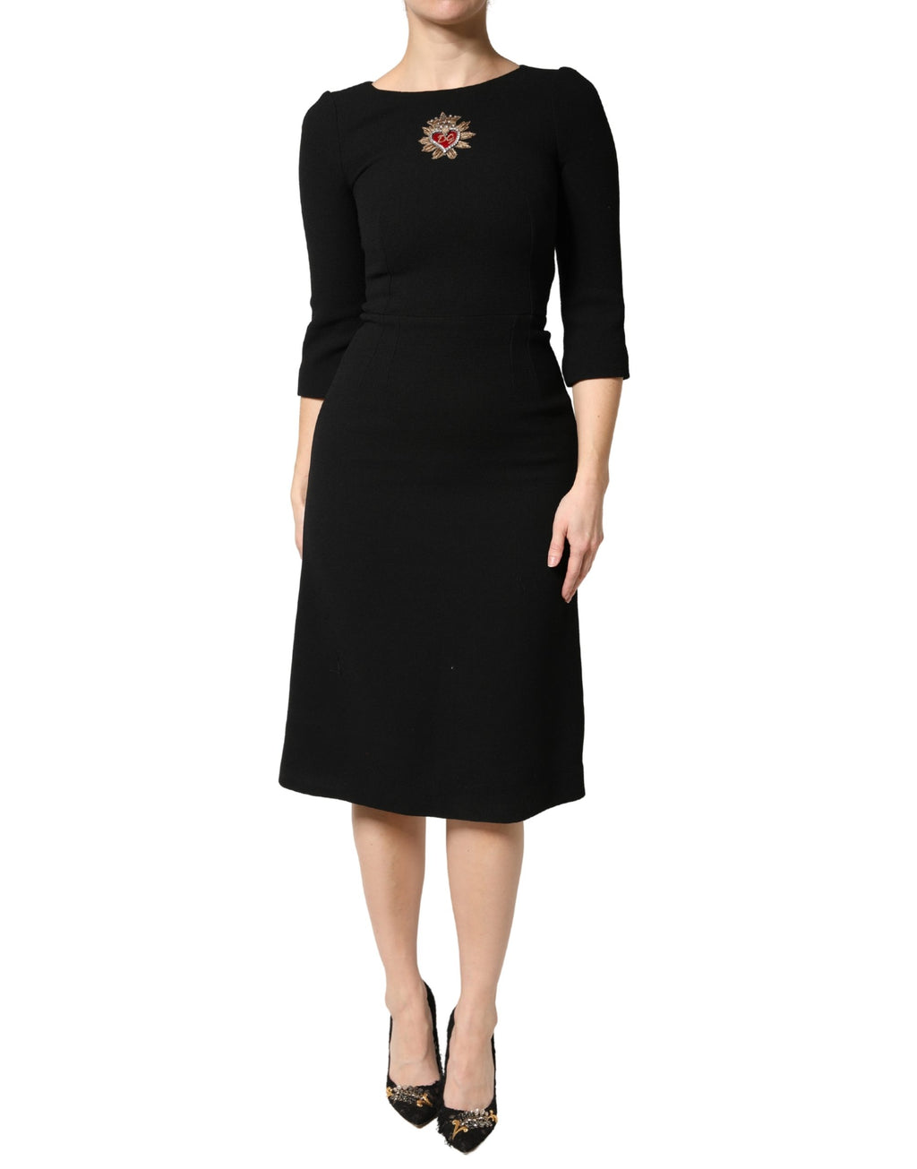 Dolce & Gabbana Black Wool Sacred Heart Patch Midi Dress
