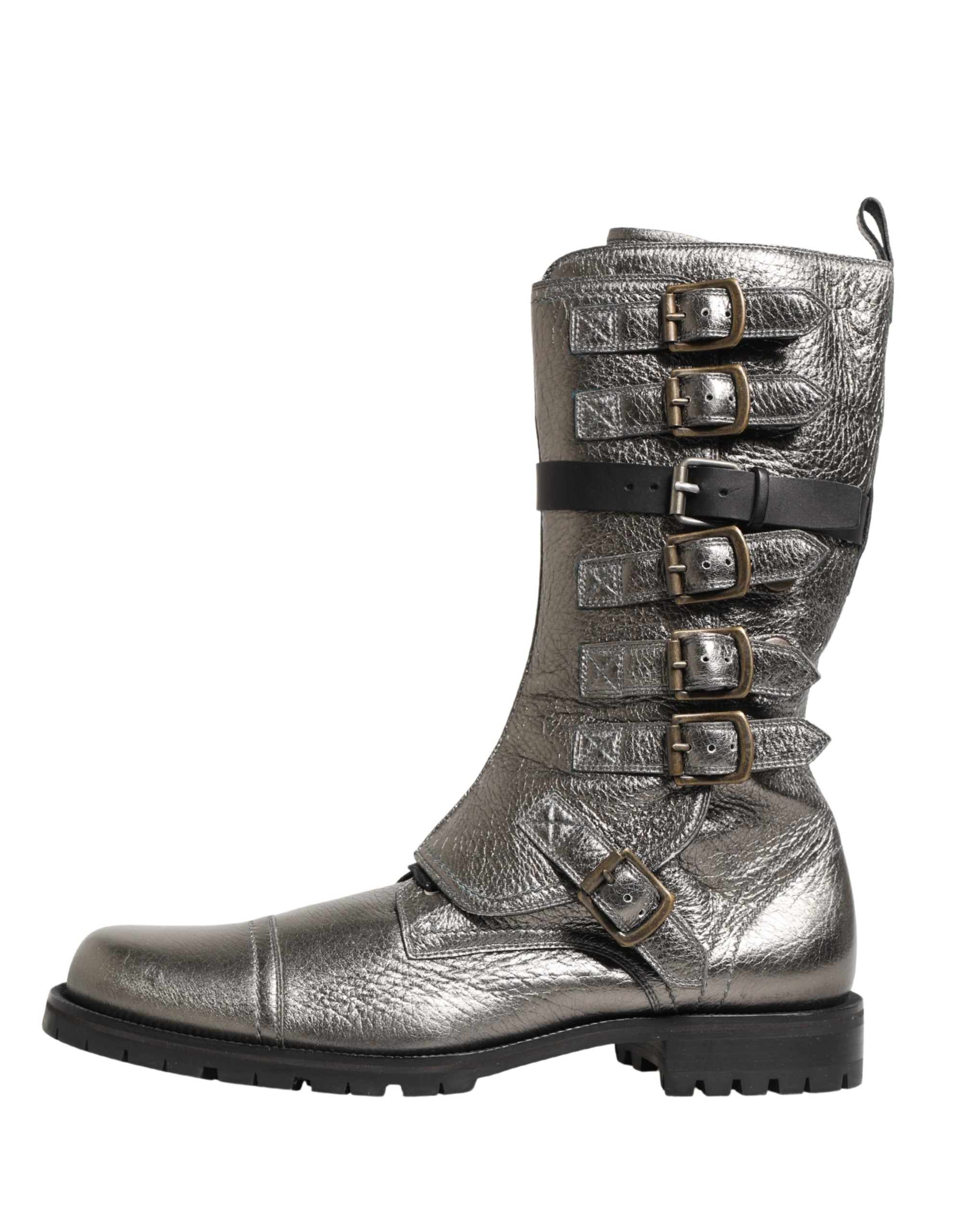 Dolce & Gabbana Metallic Silver Combat Biker Mid Calf Boots Shoes