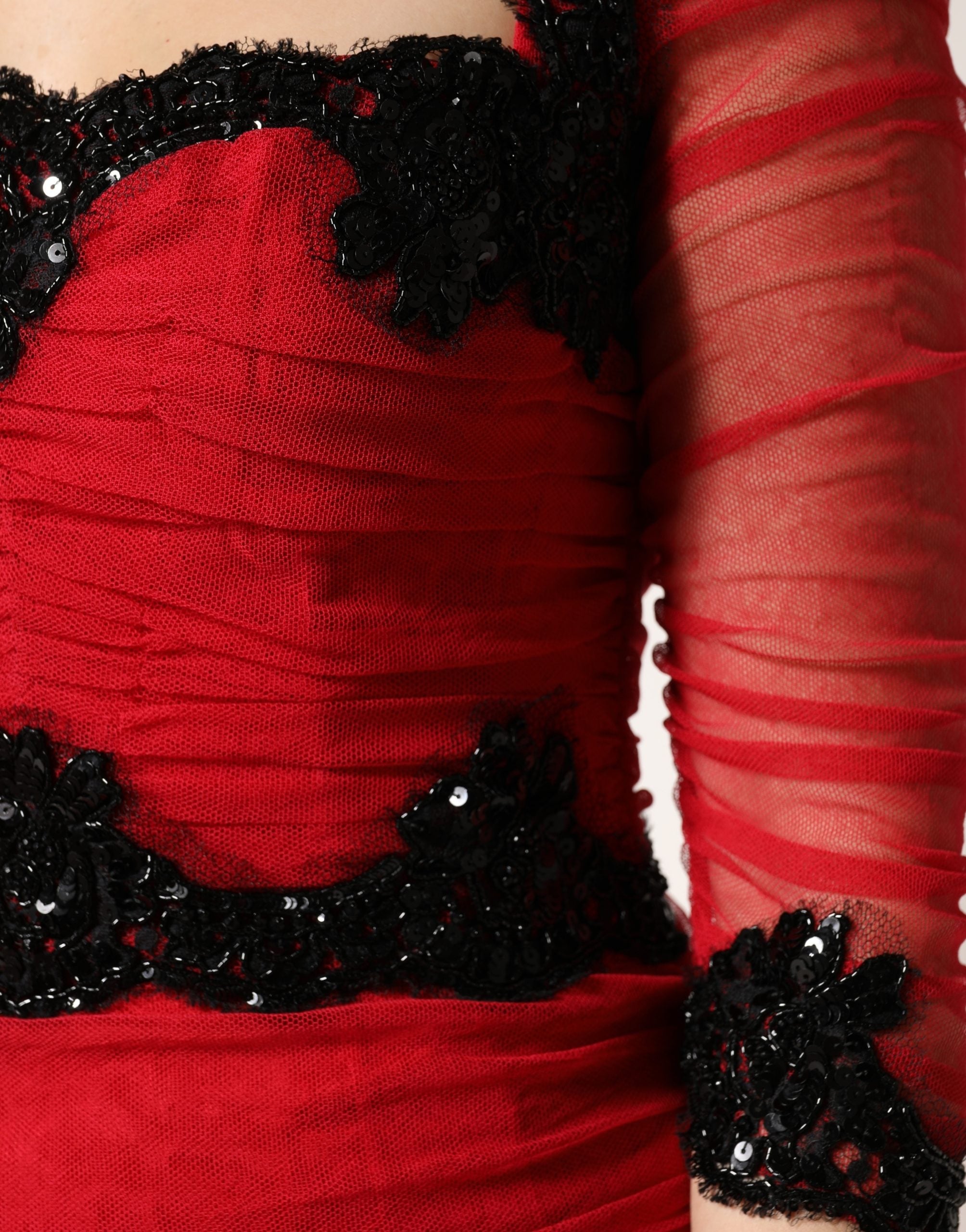 Dolce & Gabbana Red Mesh Trim Bodycon Sheath Midi Dress