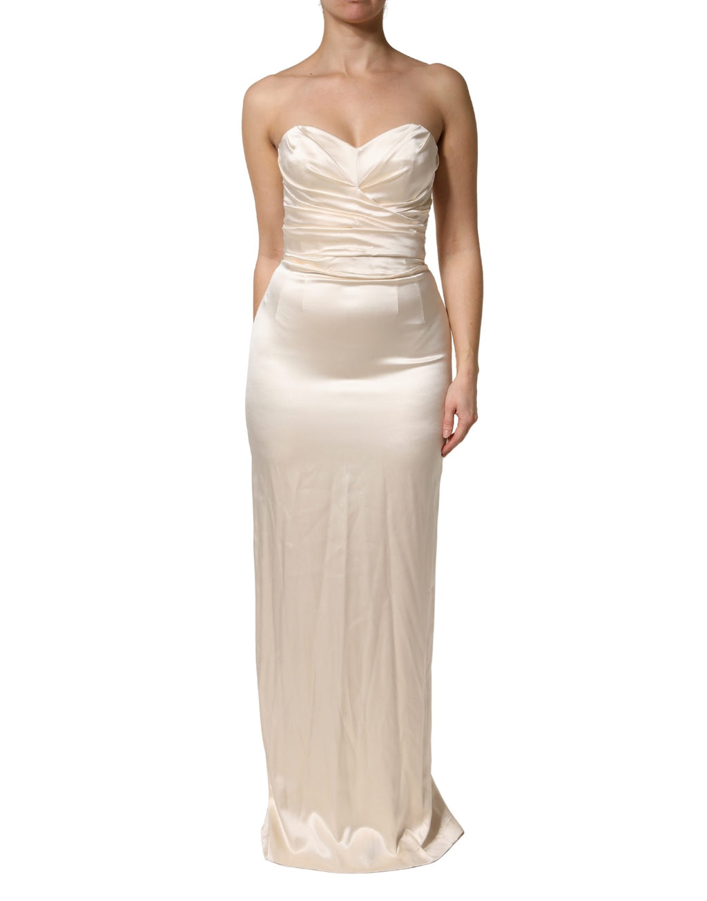 Dolce & Gabbana White Satin Strapless Sheath Maxi Dress