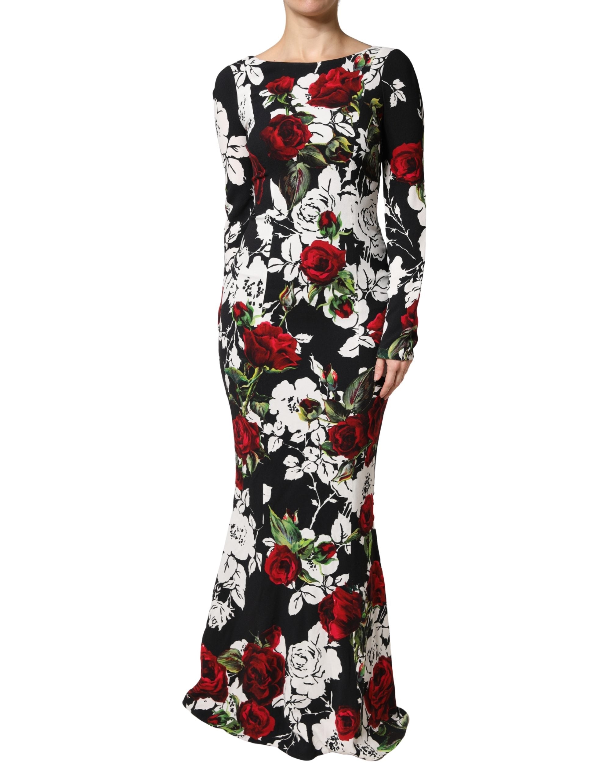 Dolce & Gabbana Black Floral Viscose Bodycon Long Gown Dress