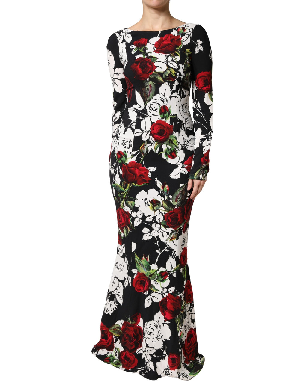 Dolce & Gabbana Black Floral Viscose Bodycon Long Gown Dress