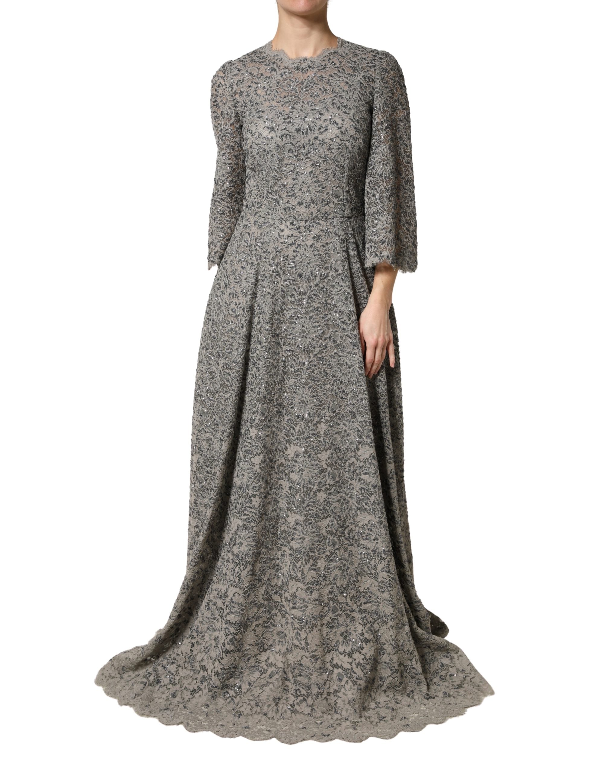 Dolce & Gabbana Gray Lace Long Sleeves Cotton Maxi Dress