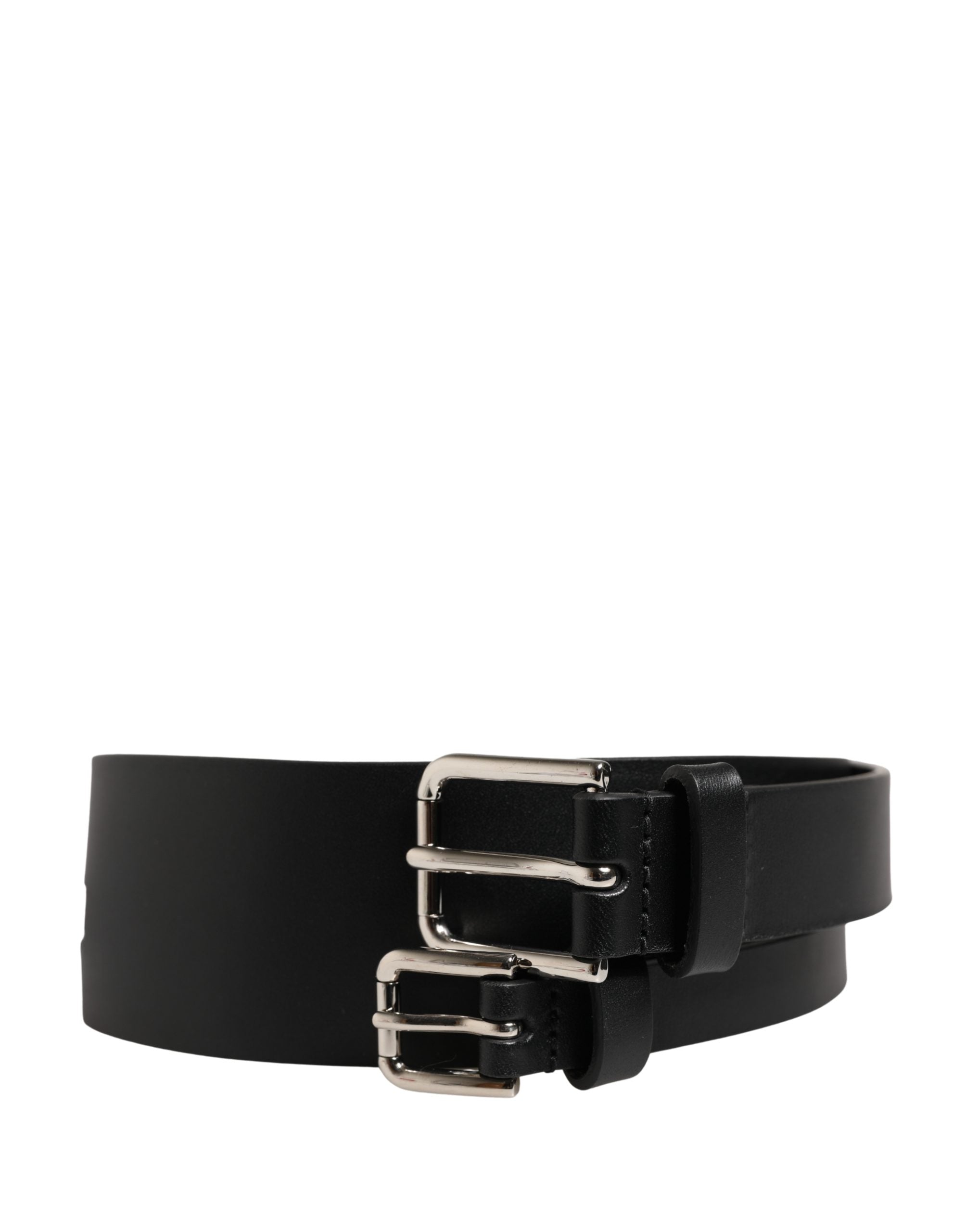 Dolce & Gabbana Black Double Strap Leather Silver Buckle Belt