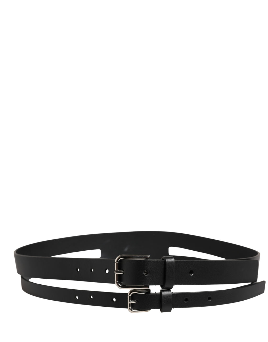 Dolce & Gabbana Black Double Strap Leather Silver Buckle Belt