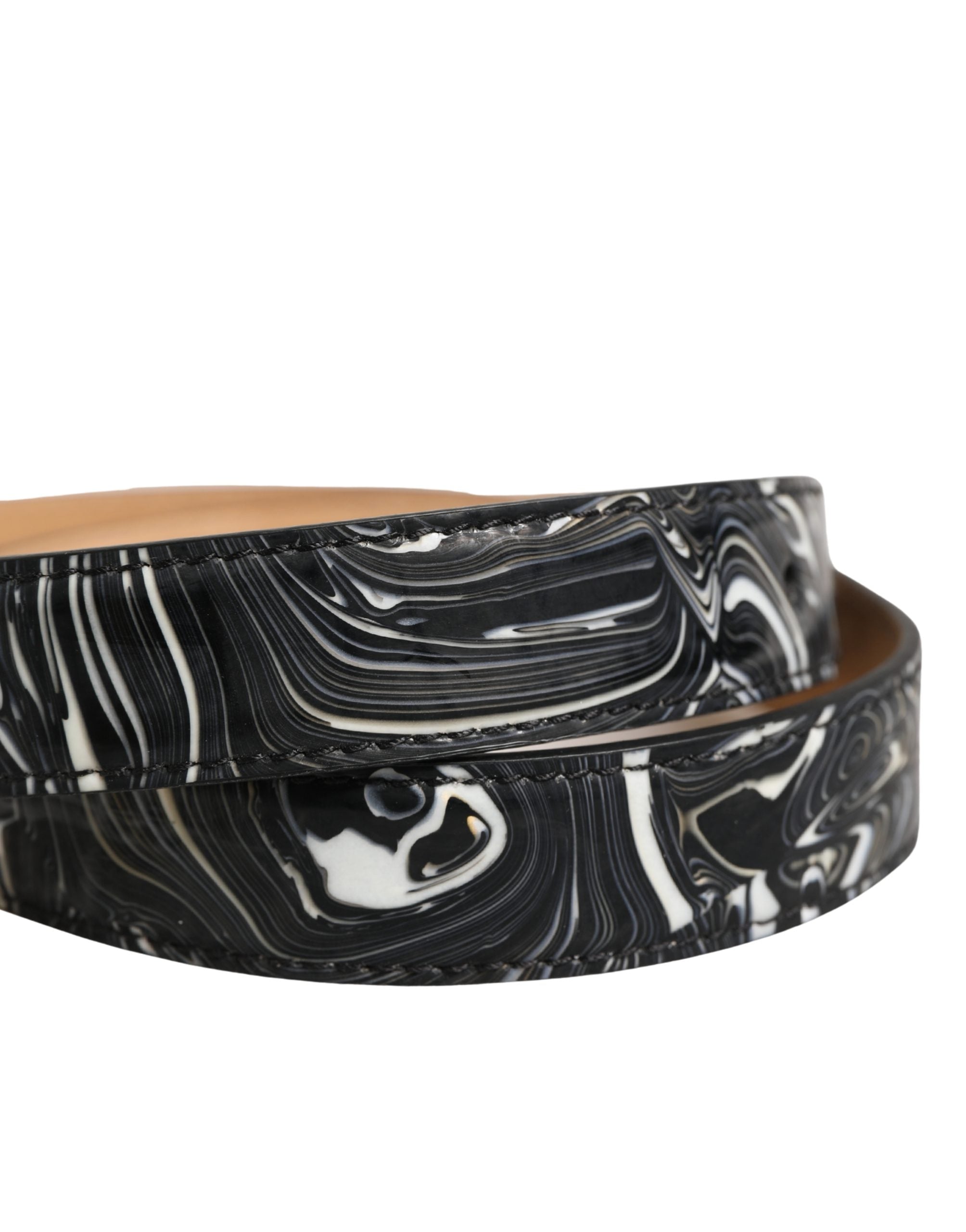 Dolce & Gabbana Men Black Marble Leather Metal Buckle Belt