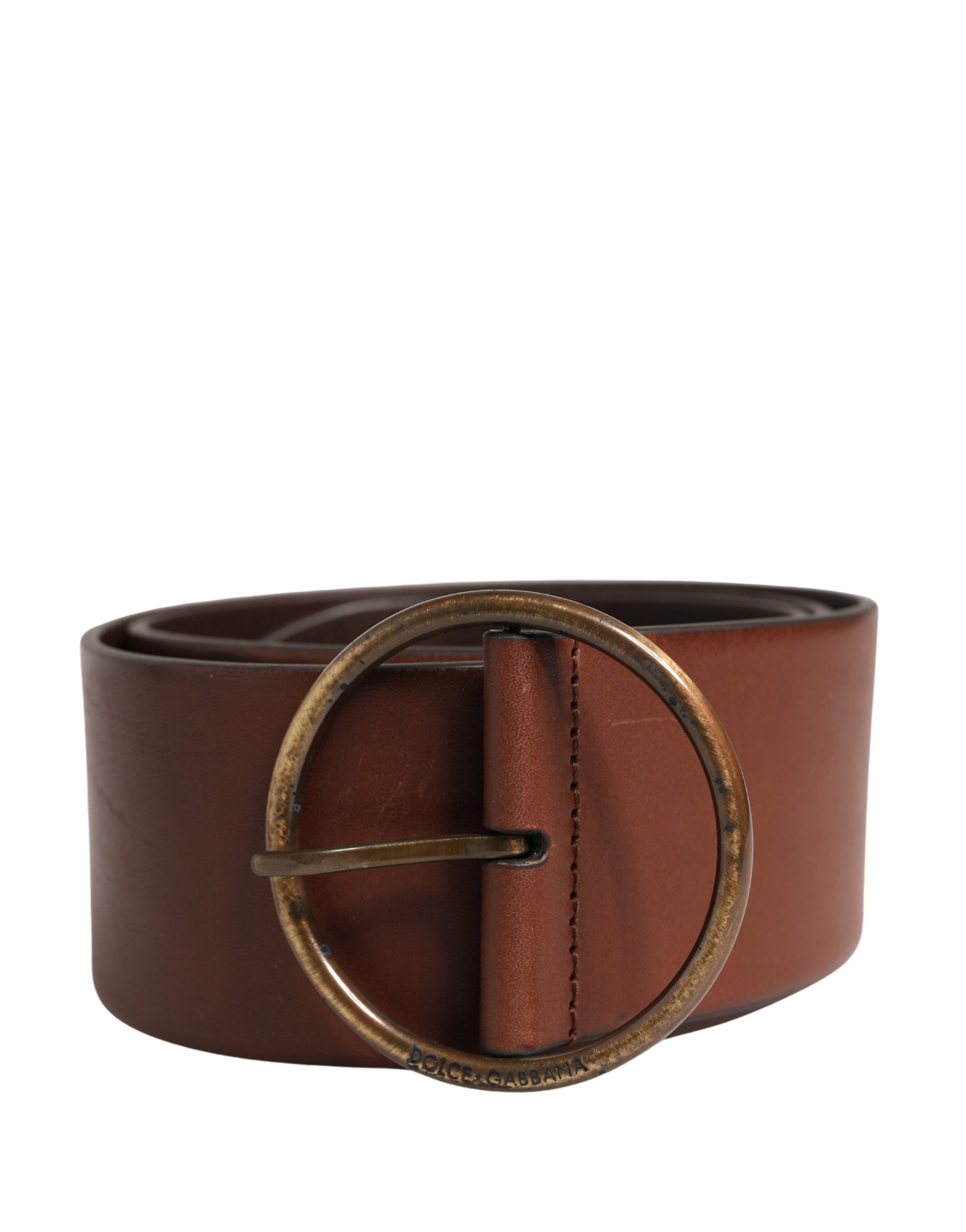 Dolce & Gabbana Brown Leather Wide Waist Metal Round Belt