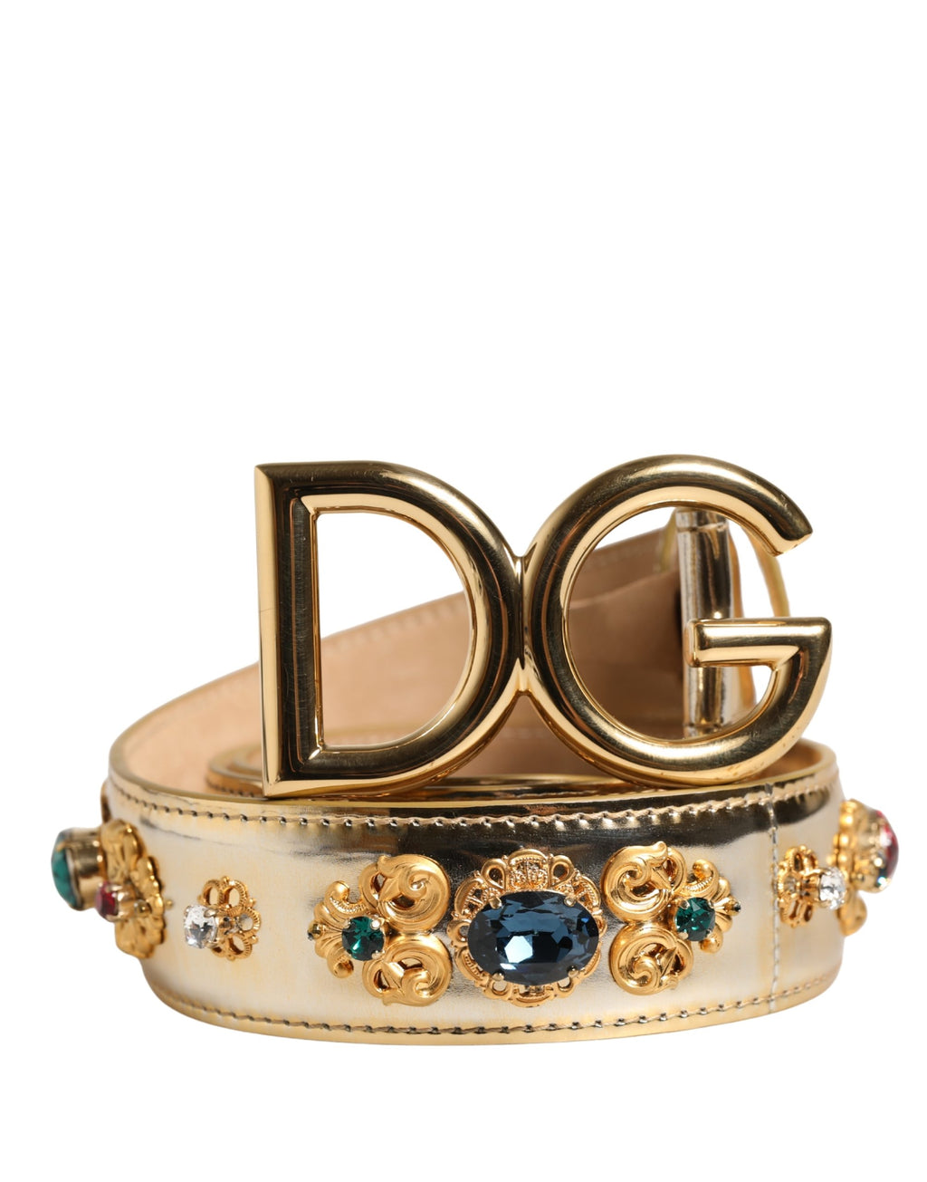 Dolce & Gabbana Gold Leather Crystals Logo Metal Buckle Belt