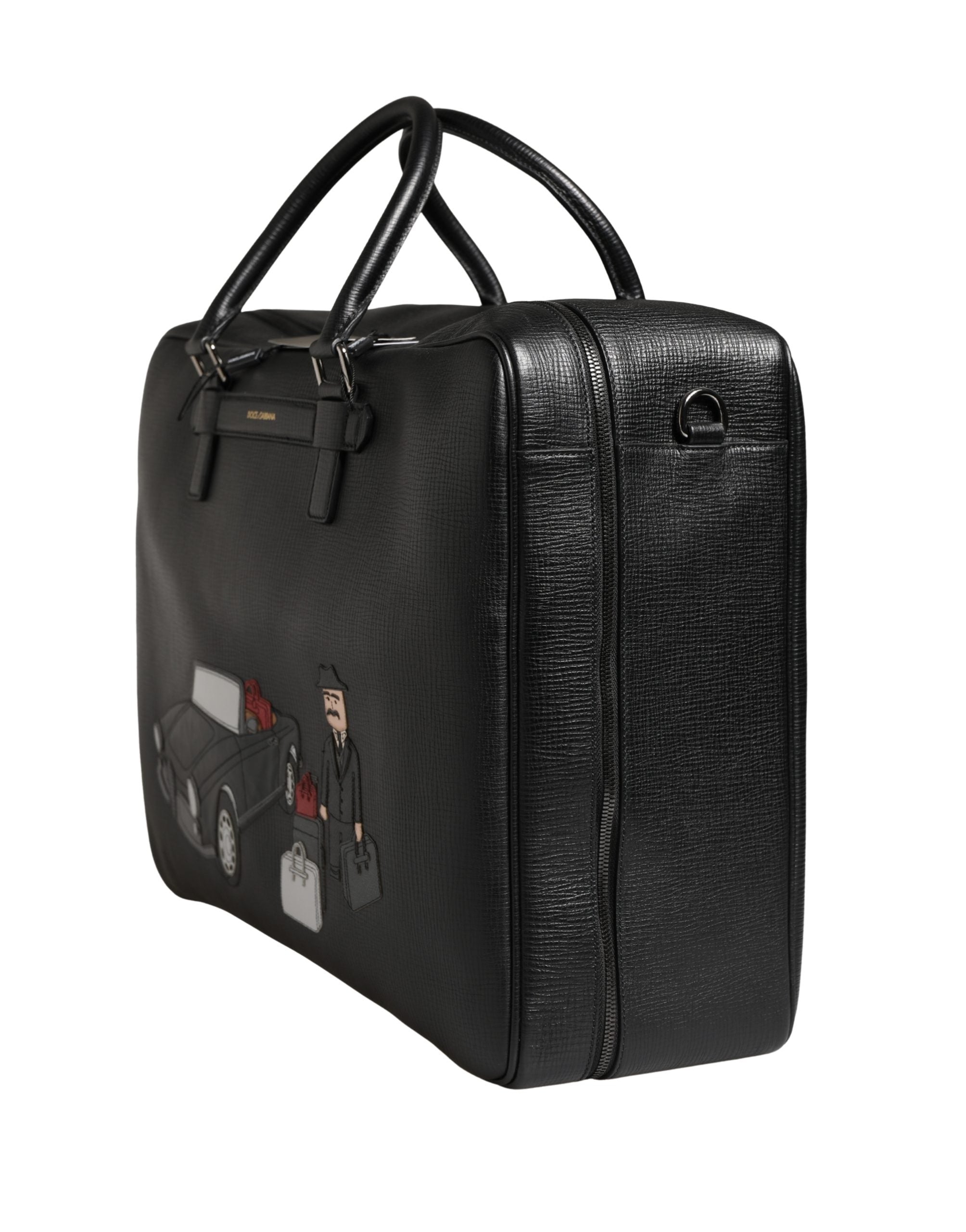 Dolce & Gabbana Black Car Man Applique Leather Weekender Borse Bag