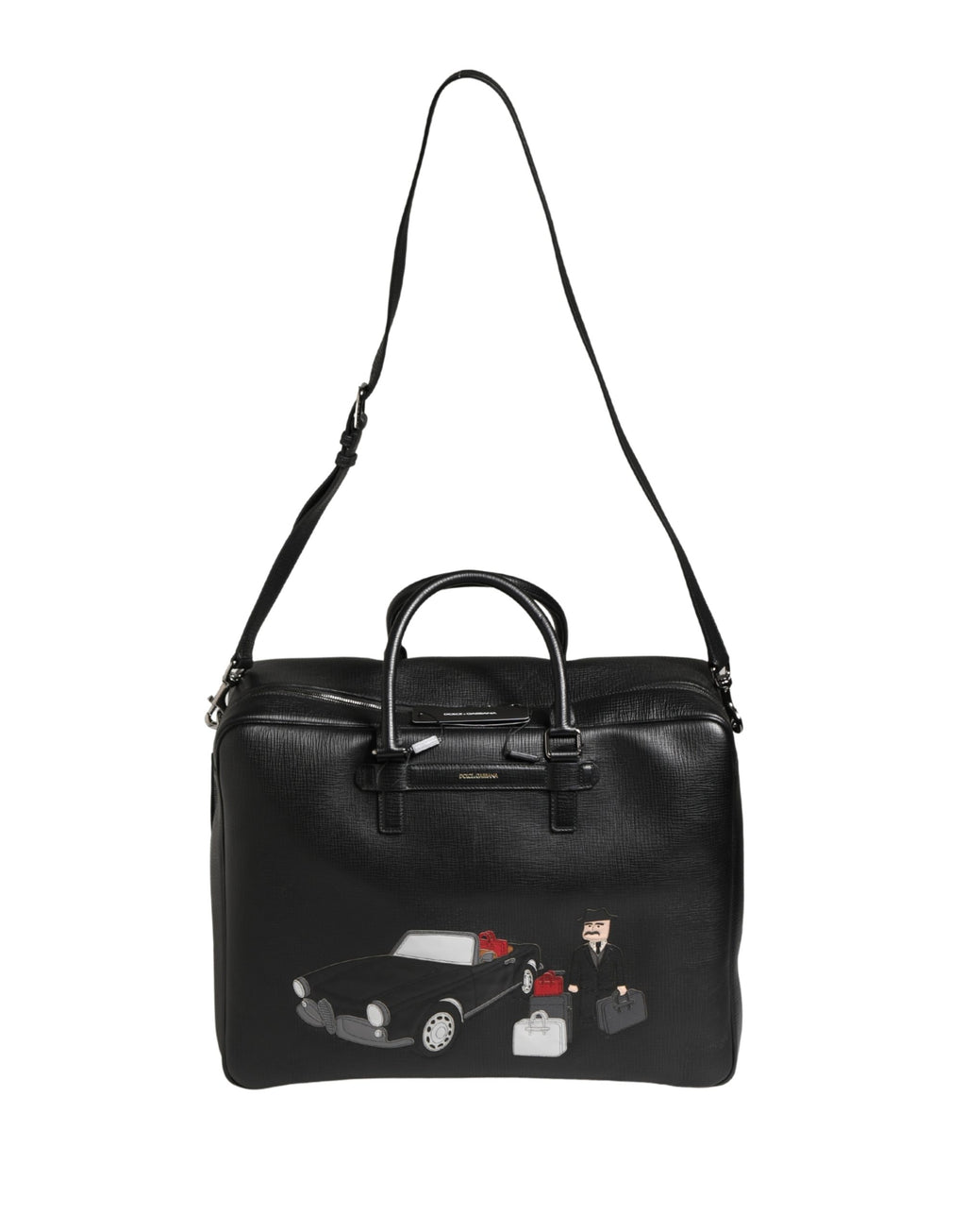 Dolce & Gabbana Black Car Man Applique Leather Weekender Borse Bag