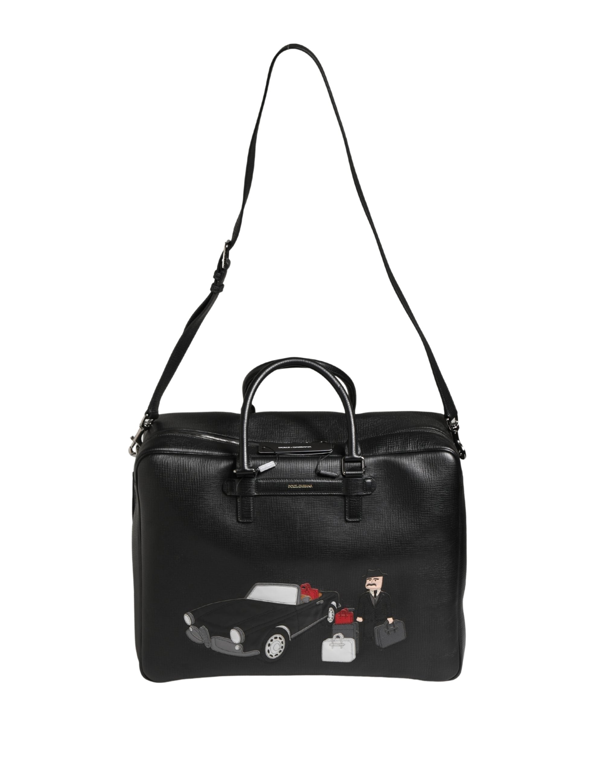 Dolce & Gabbana Black Car Man Applique Leather Weekender Borse Bag