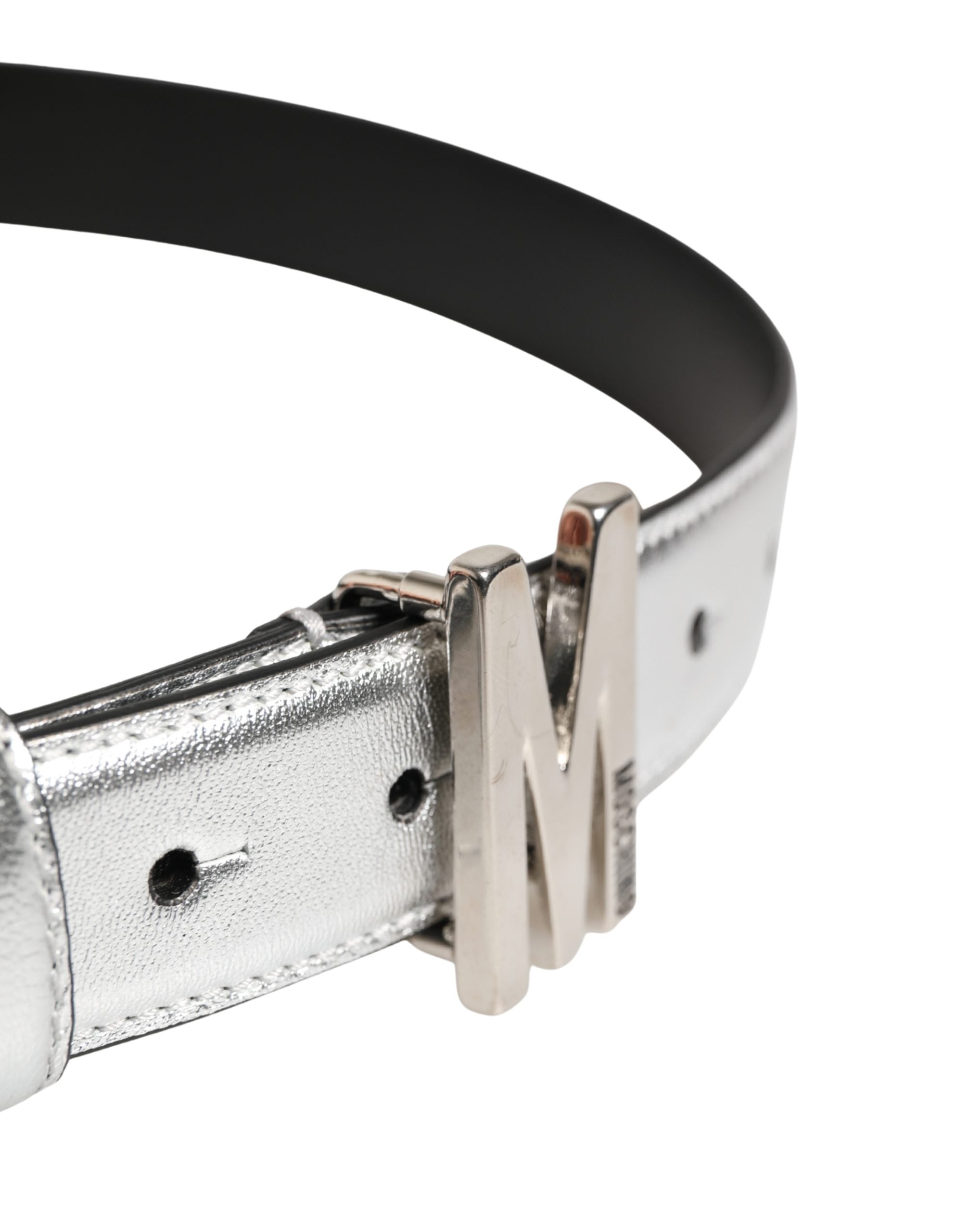 Moschino Couture Silver Leather Logo Metal Buckle Waist Belt