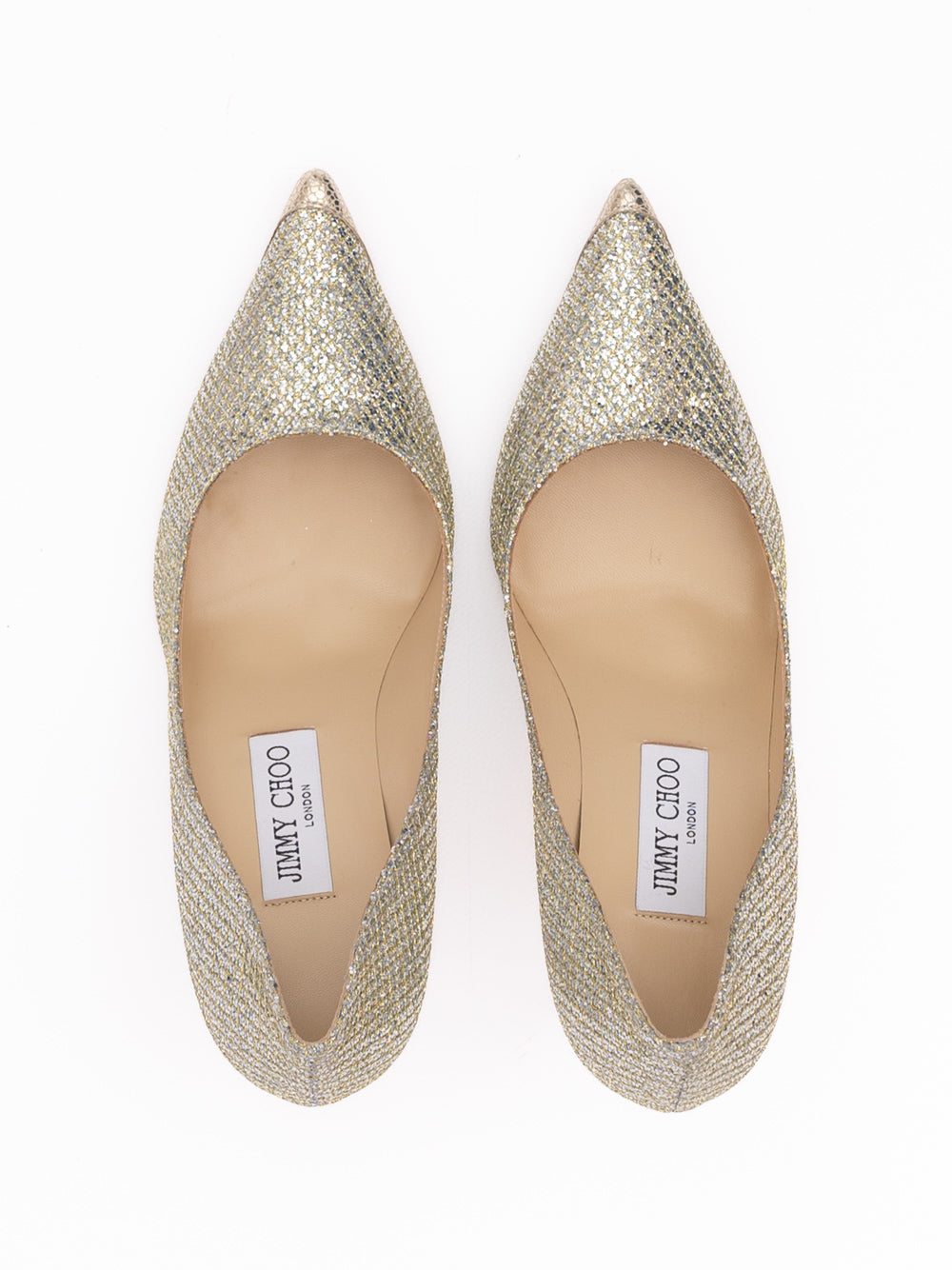 Jimmy Choo Gold Glitter Fabric Agnes Pumps