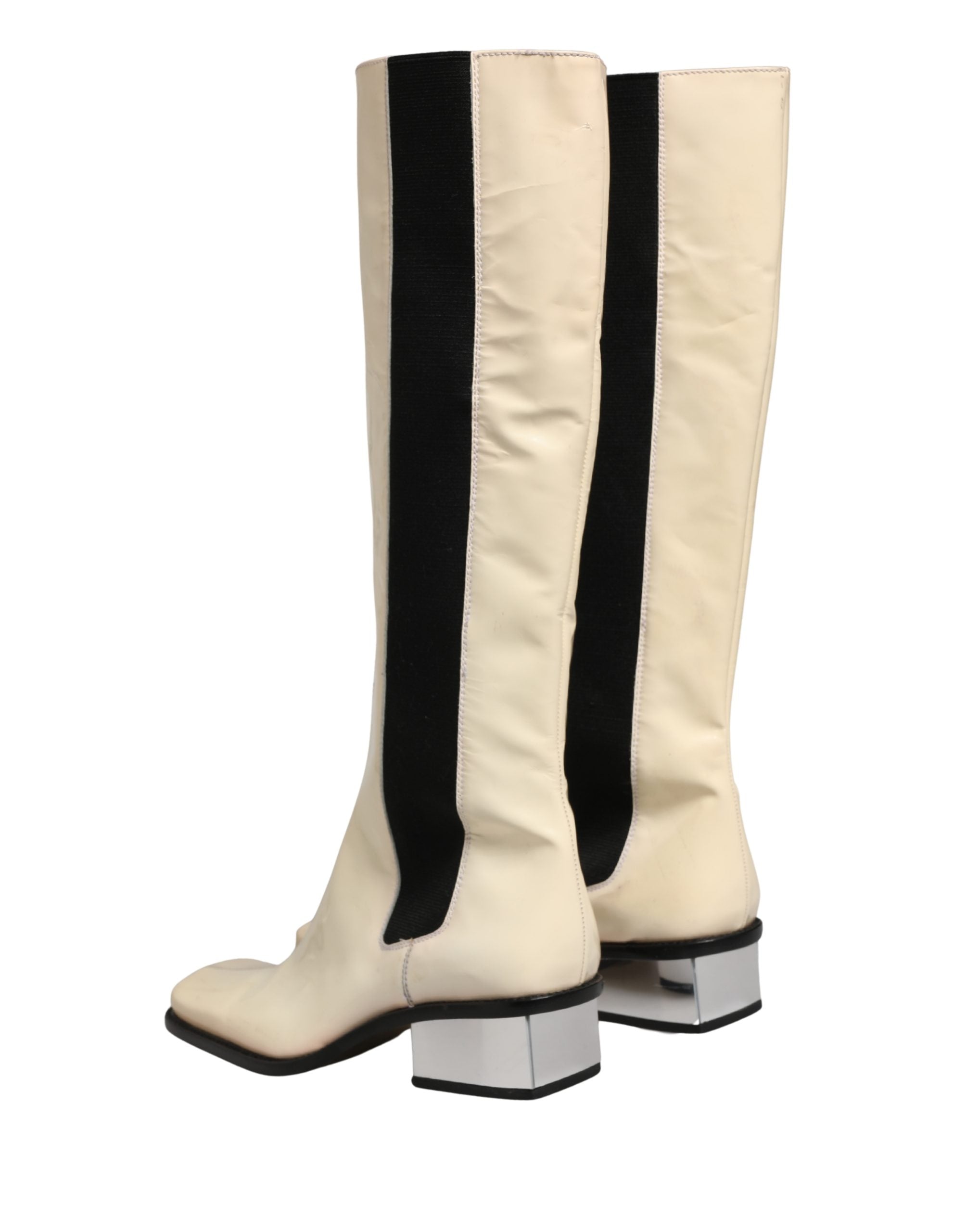 Dolce & Gabbana White Black Leather Knee High Boots Shoes