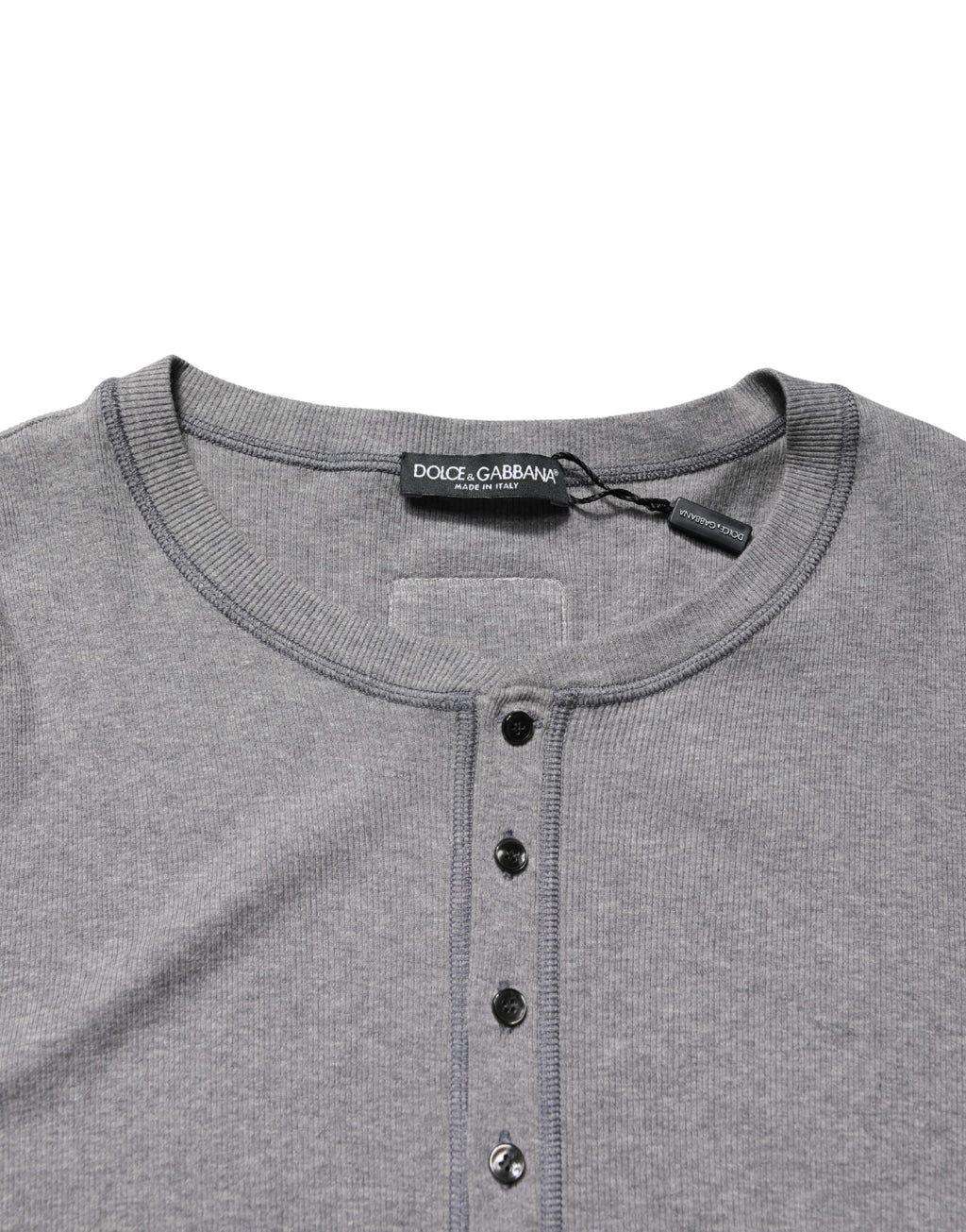 Dolce & Gabbana Gray Ribbed Cotton Long-Sleeve Henley  T-shirt