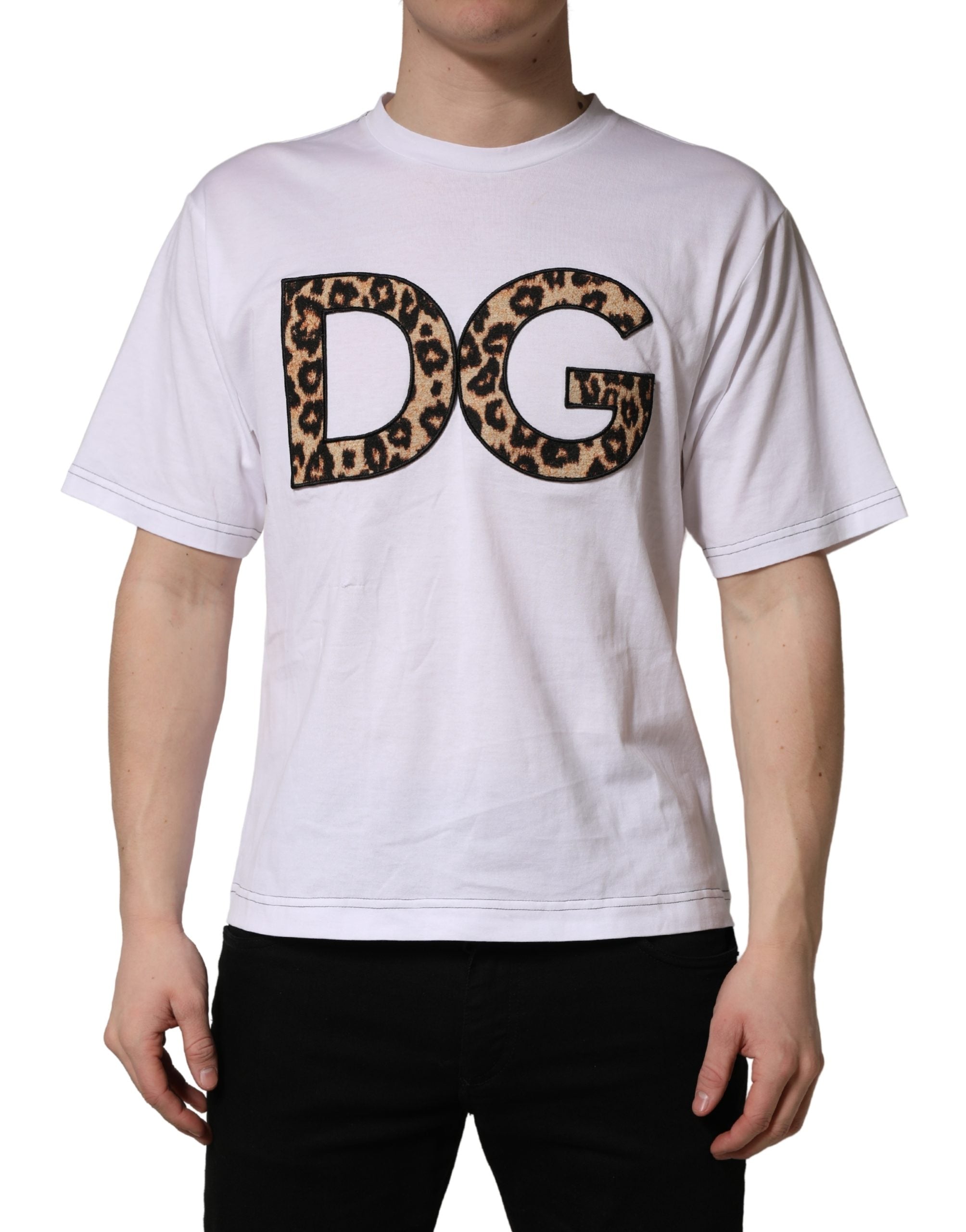 Dolce & Gabbana White Leopard Print DG Logo MenCotton T-shirt