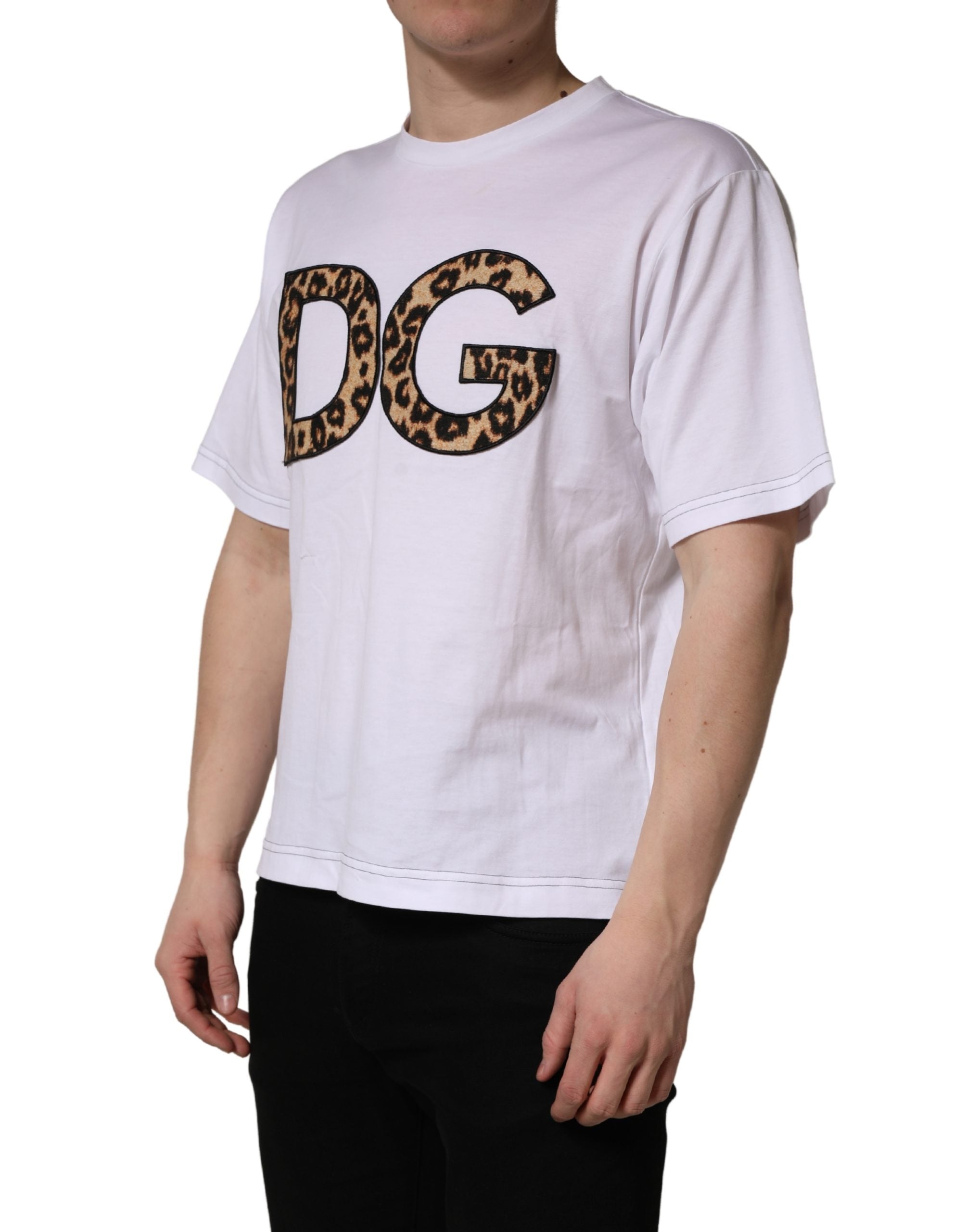 Dolce & Gabbana White Leopard Print DG Logo MenCotton T-shirt