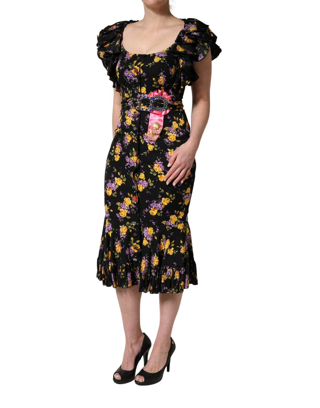 Dolce & Gabbana Black Purple Crystal Brooch Silk Midi Dress
