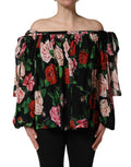 Dolce & Gabbana Black Rose Print Silk Off The Shoulder Blouse Top