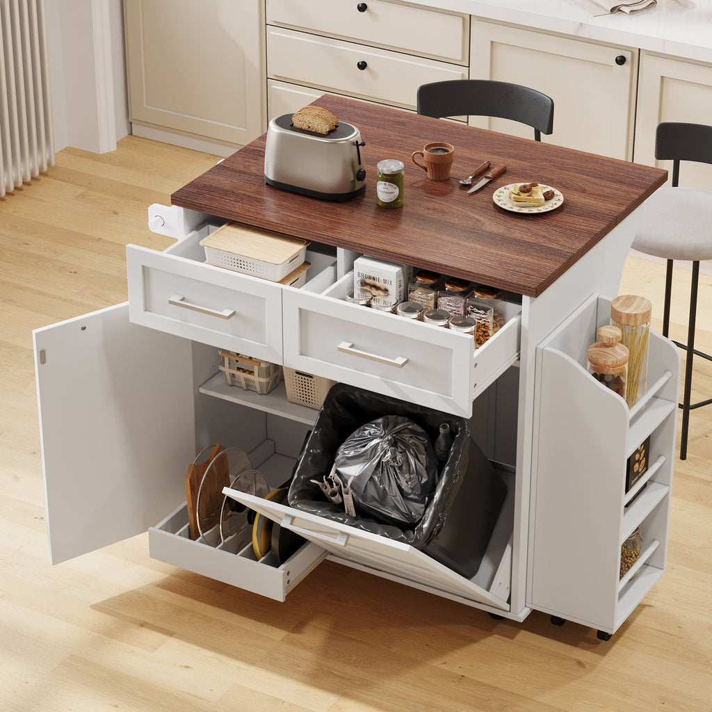 K&K 47.2' Farmhouse Kitchen Island with Drop Leaf, Kitchen Storage Island with Removable Side Racks, Two Drawers, Rolling Kitchen Cart on Wheels with Towel Rack, for Home, Kitchen, Dining Room, White