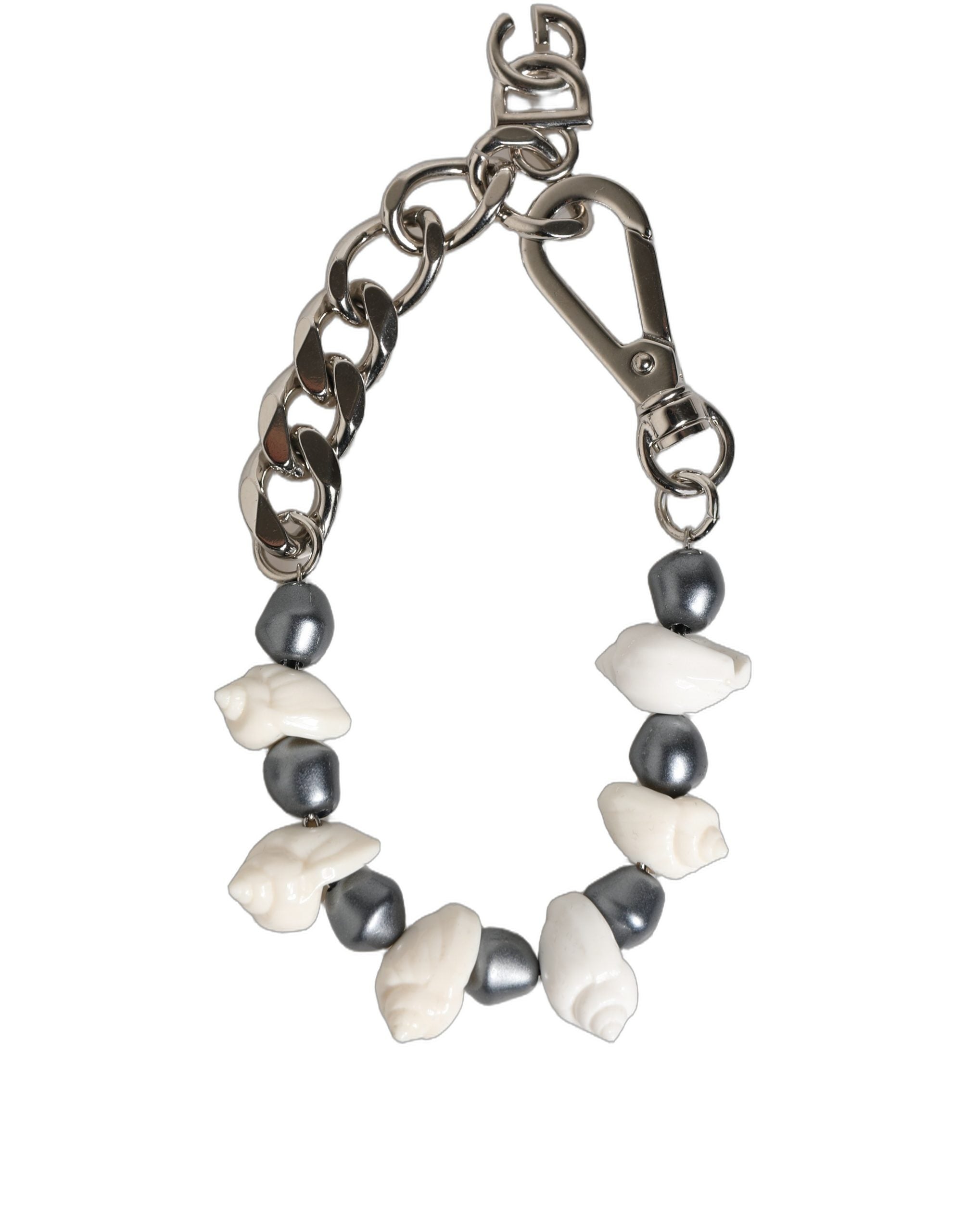 Dolce & Gabbana Silver Tone Brass Beaded Shell DG Logo Pendant Bracelet