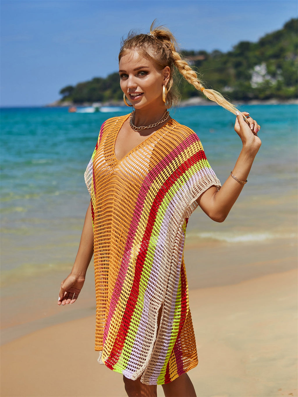 Summer Beach Cover-up Hollow Out Cutout Knitted Rainbow Holiday Bikini Cover Sun Protection Clothing Women