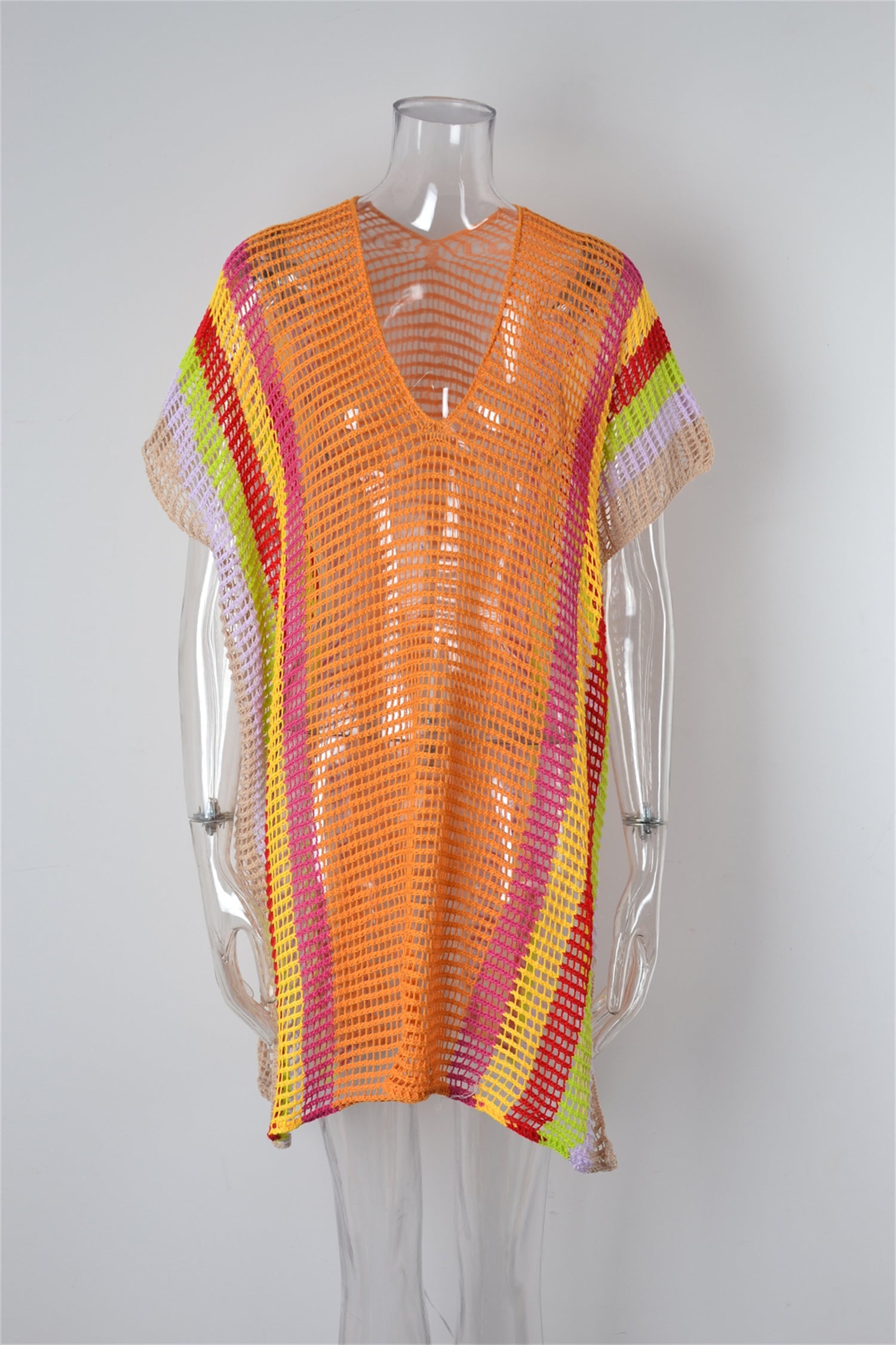 Summer Beach Cover-up Hollow Out Cutout Knitted Rainbow Holiday Bikini Cover Sun Protection Clothing Women