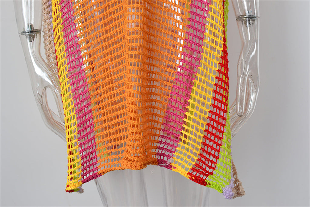 Summer Beach Cover-up Hollow Out Cutout Knitted Rainbow Holiday Bikini Cover Sun Protection Clothing Women