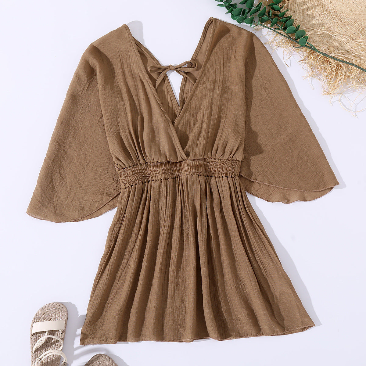 Summer Bikini Beach Dress Sun Protection by the Sea V neck Waist Controlled Long Sleeves Backless Blouse Women