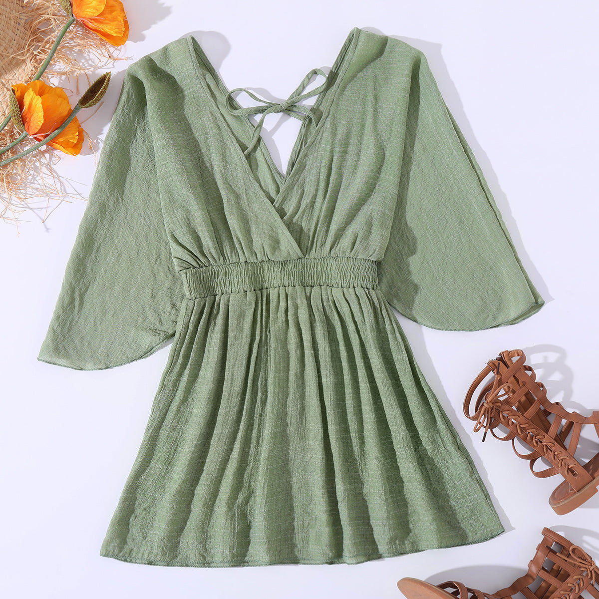 Summer Bikini Beach Dress Sun Protection by the Sea V neck Waist Controlled Long Sleeves Backless Blouse Women