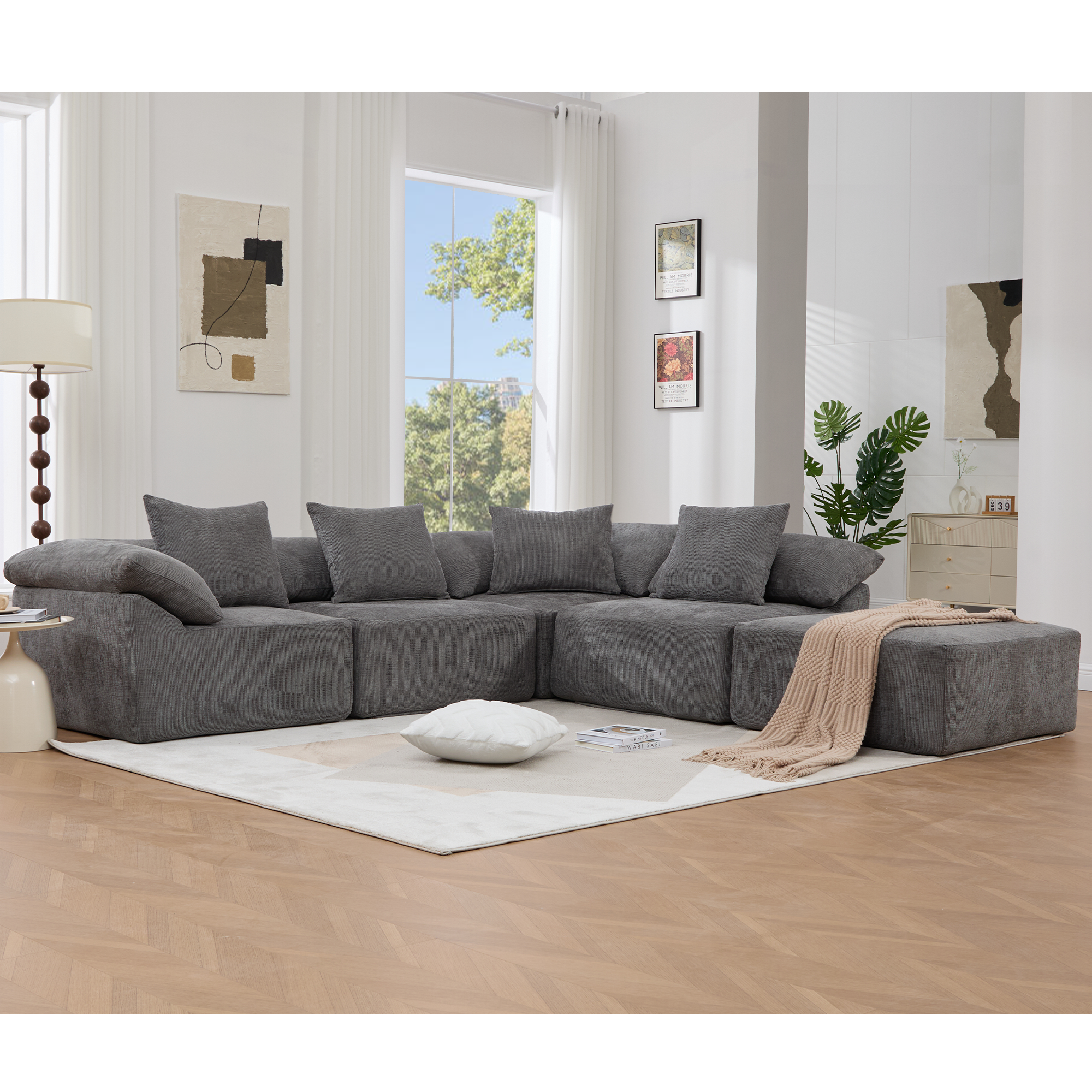 142' L Shaped Modular Sectional Sofa,No Assembly,5 Piece Couch, Convertible Sleeper Couch,Full-Compressed Couch,Free-Combined Couches,5 Seat & Ottoman,Chenille,Gray