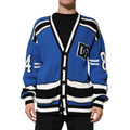 Dolce & Gabbana Blue Cotton Logo Patch Ribbed Knit Cardigan Sweater