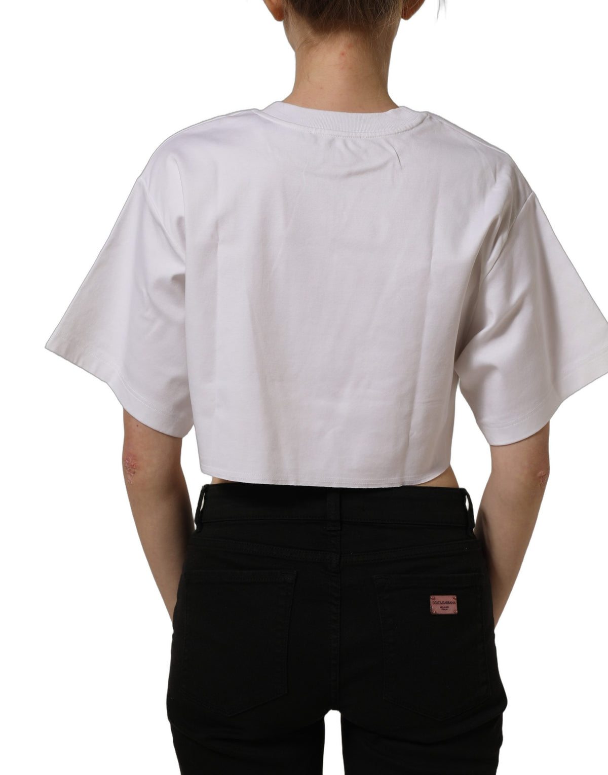 Dolce & Gabbana White Graphic Cotton Jersey Cropped T-shirt