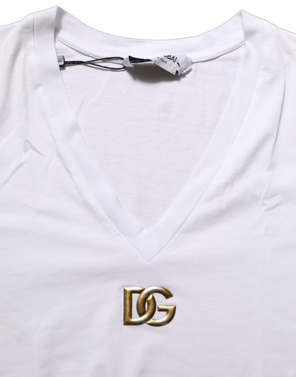 Dolce & Gabbana White Cotton Gold DG Logo V-Neck T-shirt