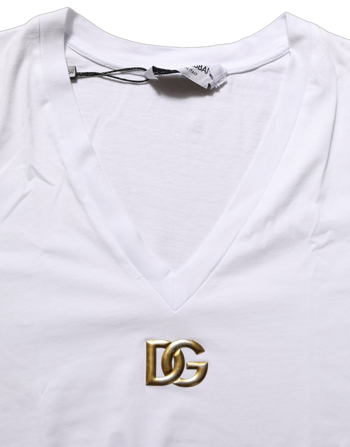 Dolce & Gabbana White Cotton Gold DG Logo V-Neck T-shirt