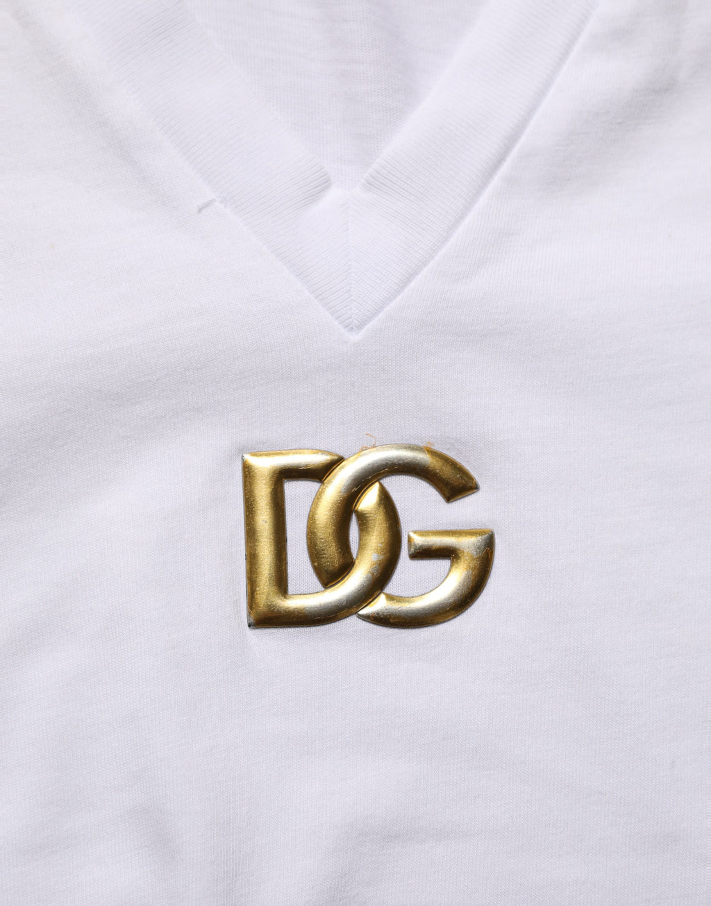 Dolce & Gabbana White Cotton Gold DG Logo V-Neck T-shirt